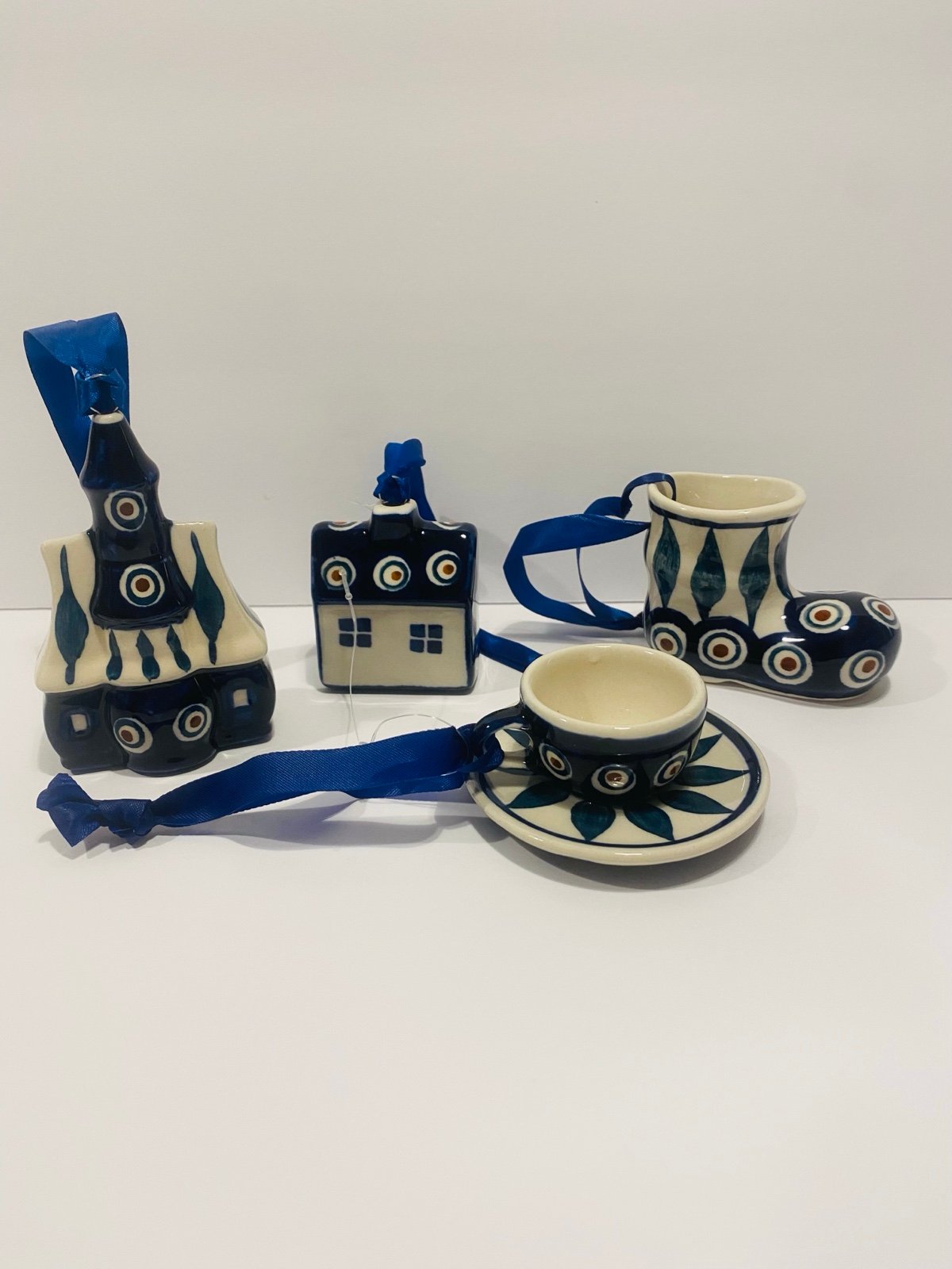 Polish Pottery Handmade Ceramic Ornaments Set of 4 Peacock Pattern