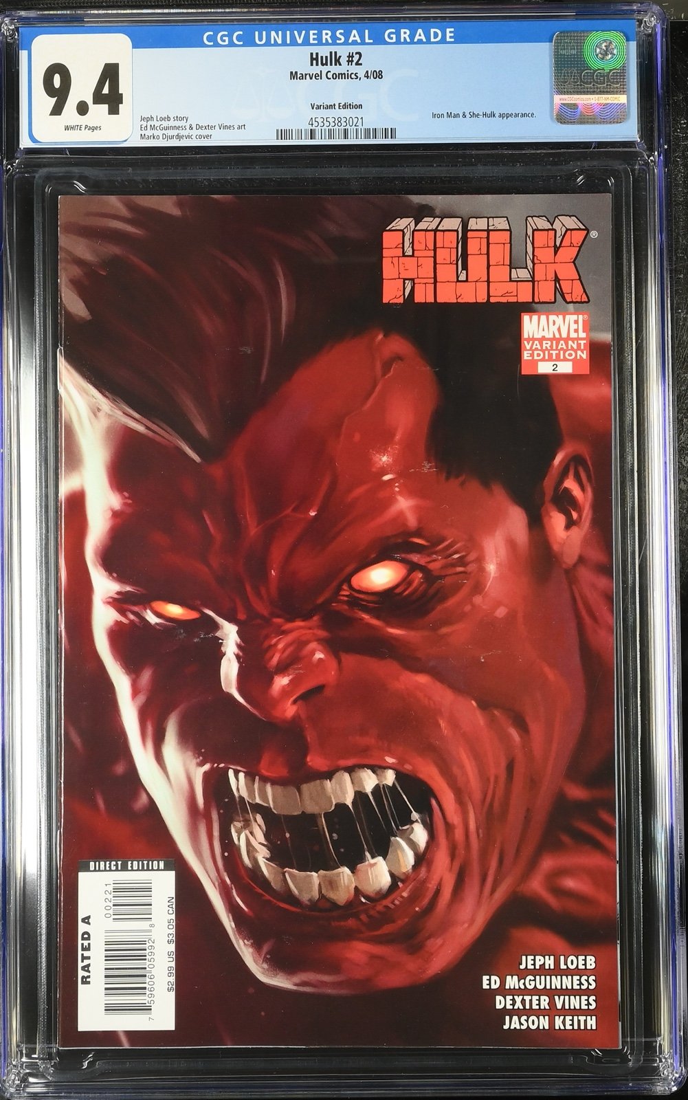 HULK 2 CGC 9.6 Marco Djurdjevic VARIANT 1:20 1ST RED HULK MCU Thunderbolt Ross
