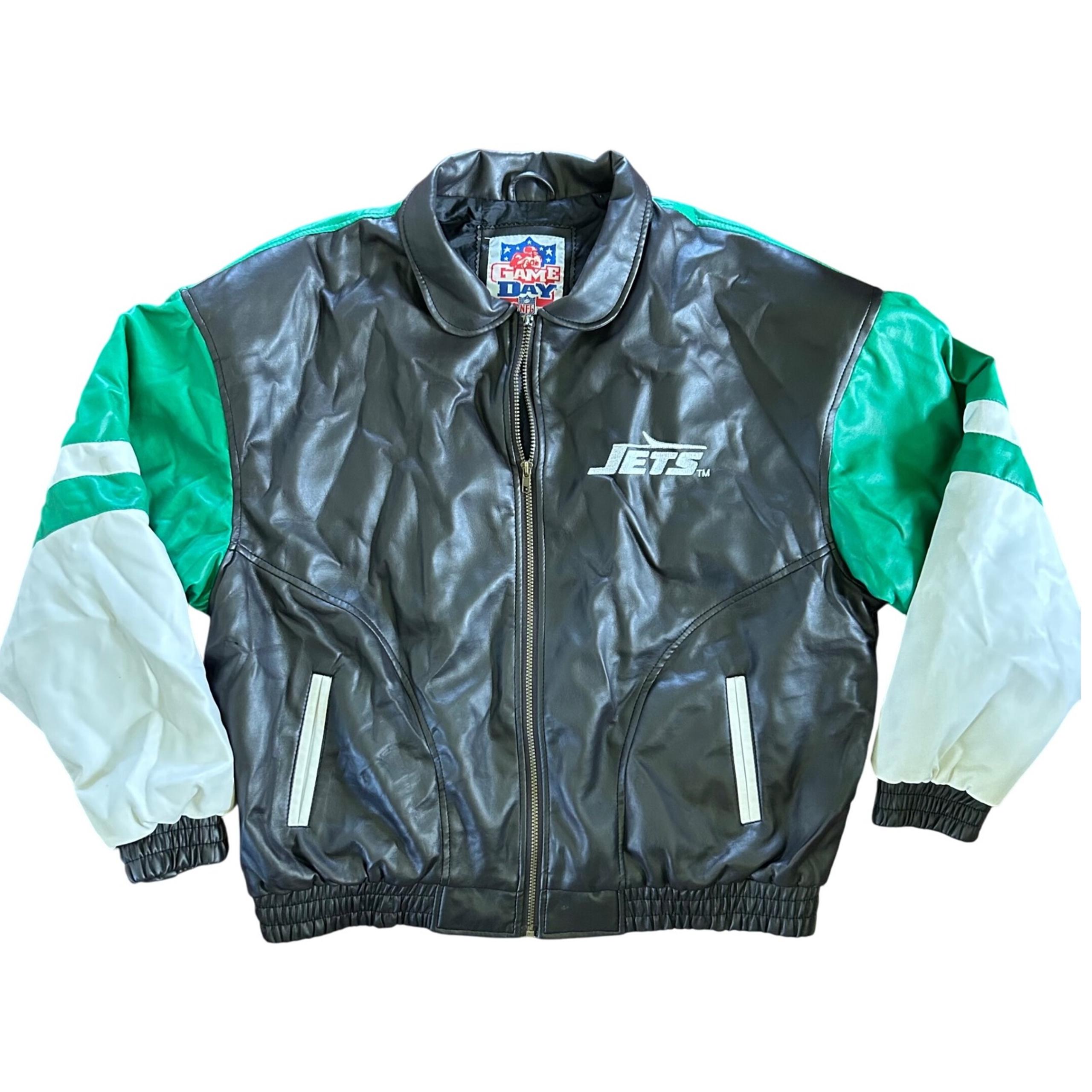 Vintage Game Day New York Jets Faux Leather Bomber Jacket Men's Size XL