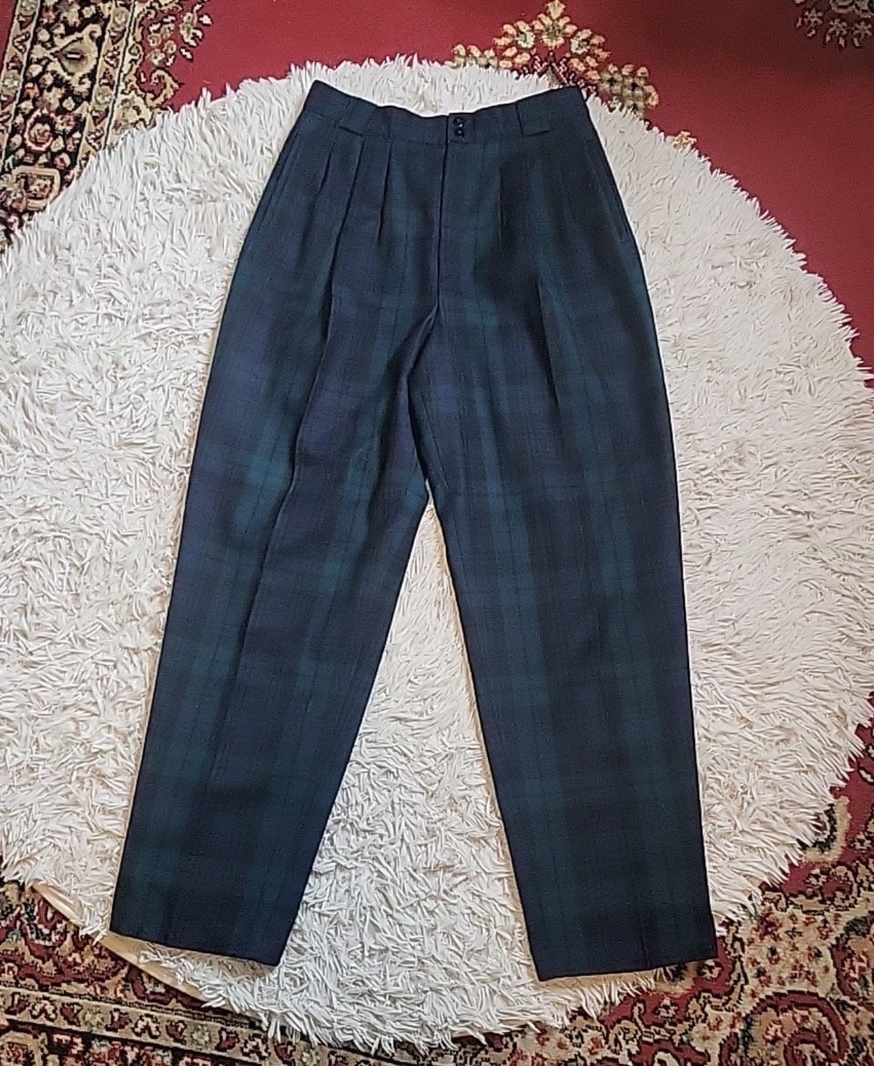 Vintage Wool Plaid Trousers Pants Giorgio Sant' Angelo Size 14 Blue Green Black