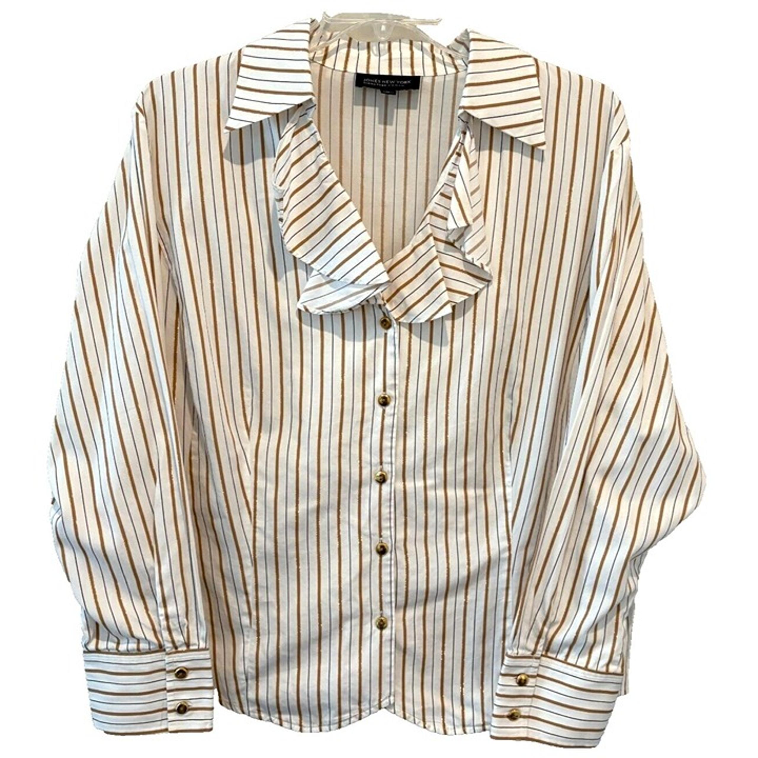 Jones New York Signature Woman 3X White Gold Striped Blouse Full Button Down