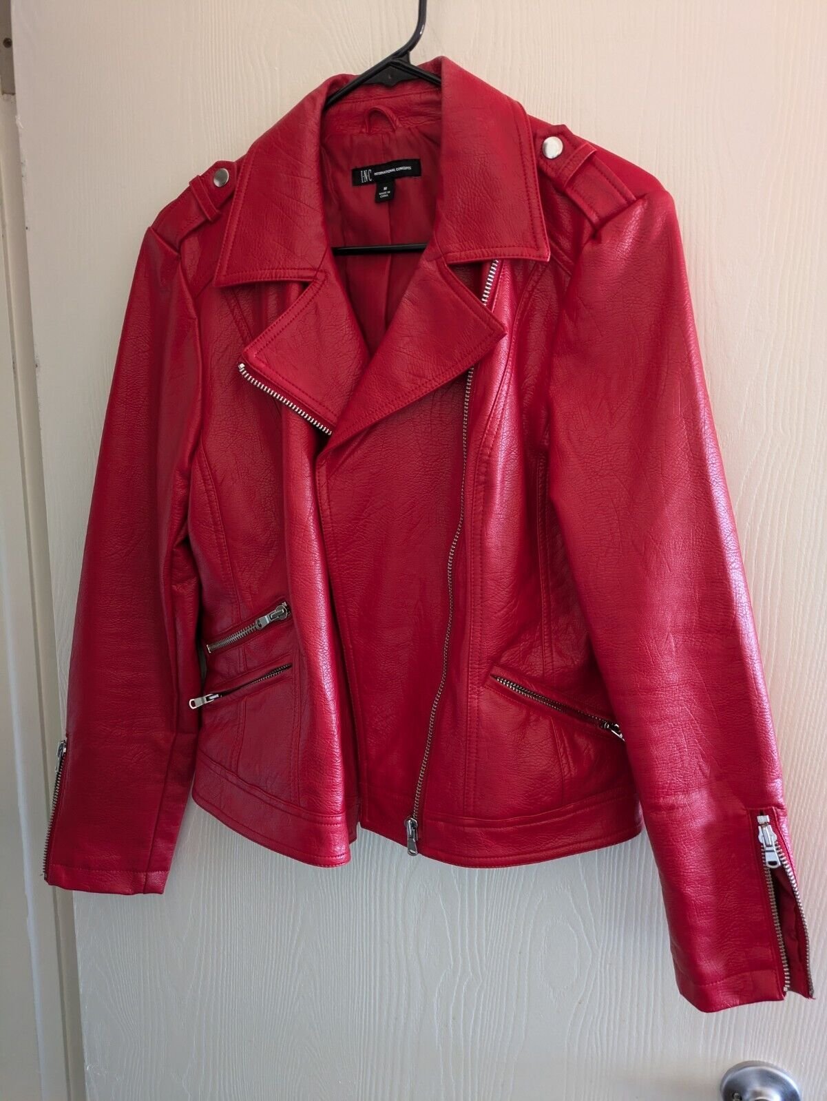 INC International Concepts Red Faux Leather Crop Zipper Moto Jacket Size Medium