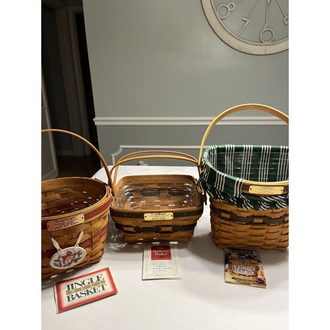 Lot of 3 Vtg Longaberger Red Green Basket Jingle Bell Bayberry Tidings Wood Lid