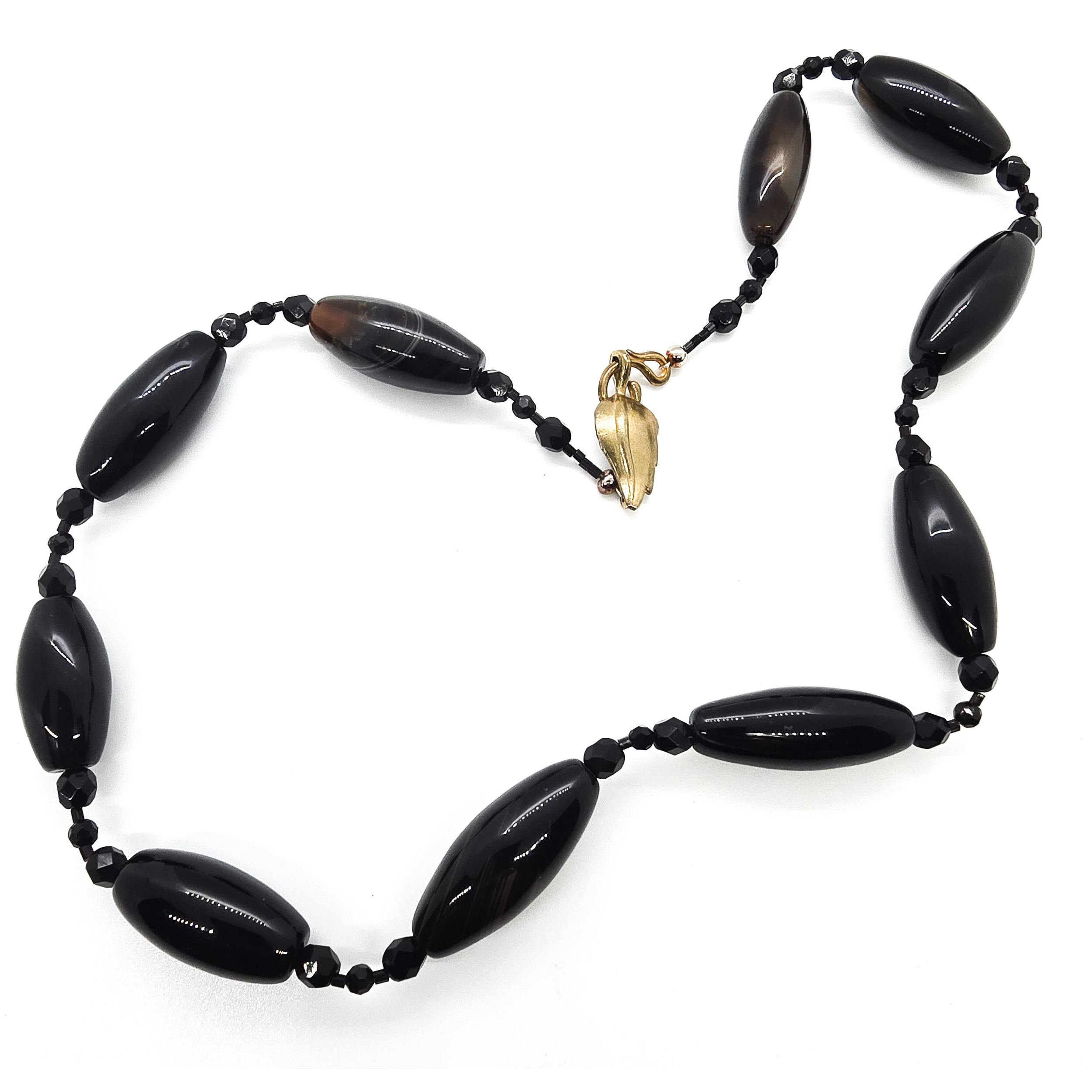 Banded black agate elongated beaded artisan crafted gemstone necklace
