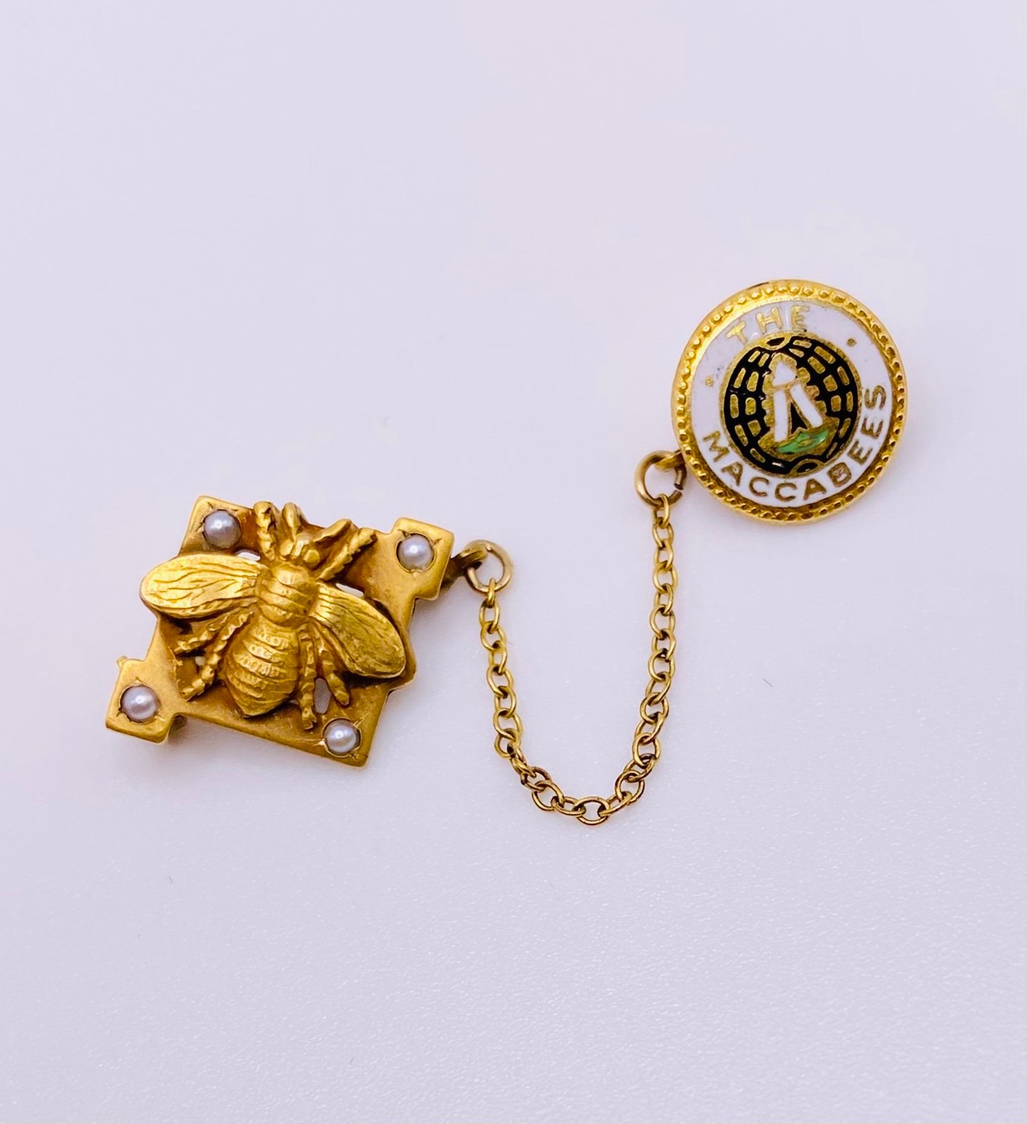 Antique 10K Gold Filled and Enamel Macabees Jewish Rebel Warriors Bee Pin