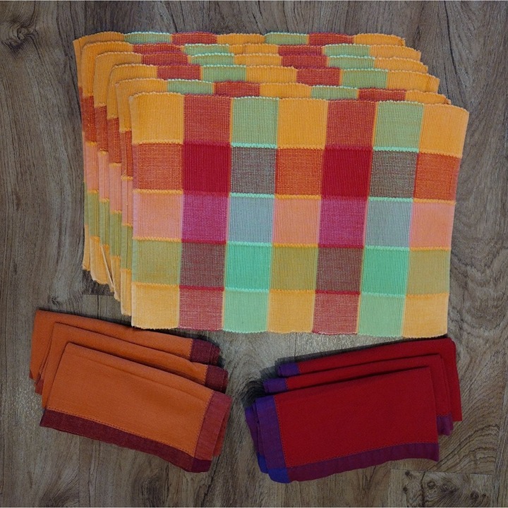 Retro Colorful Placemats and Napkins, Set of 12, Cotton Plaid Red Orange Green