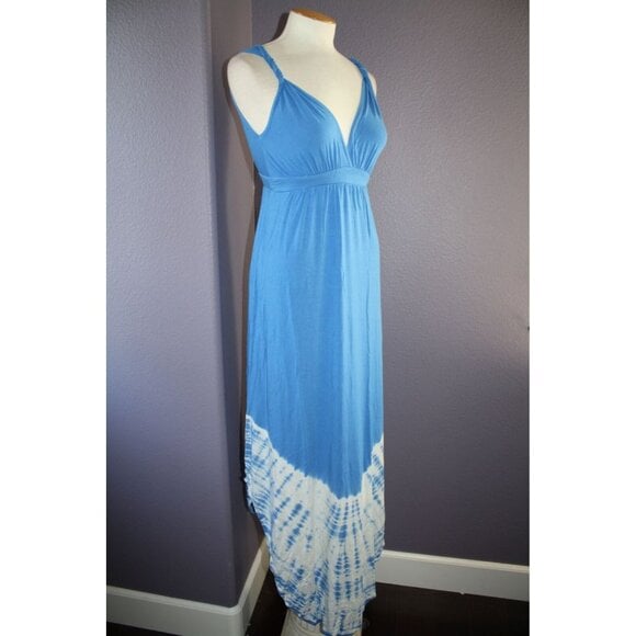 NWT Gypsy 05 La Ba Dee Blue Tie Dye Deep V Bamboo Twist Strap Maxi Dress M 143