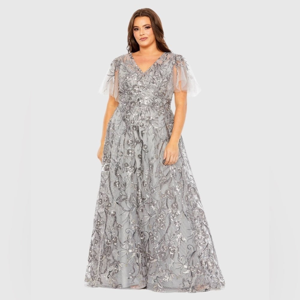 Size 18W MAC DUGGAL 20469 NWT Silver High Neck Flutter Sleeve Embellished A-Lin