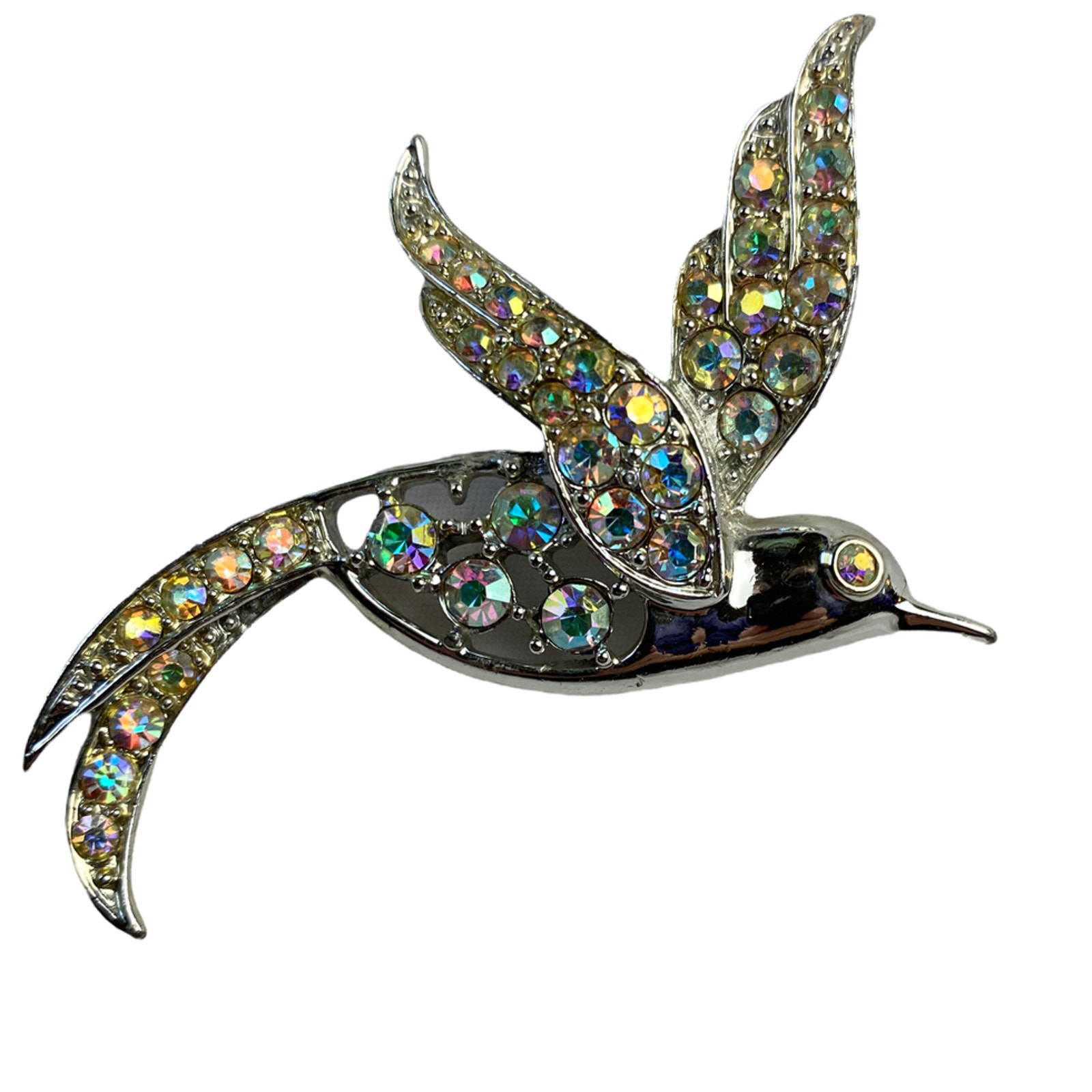 Vintage Sarah Coventry Rainbow Gemstone Silver Tone Hummingbird Old Money Brooch