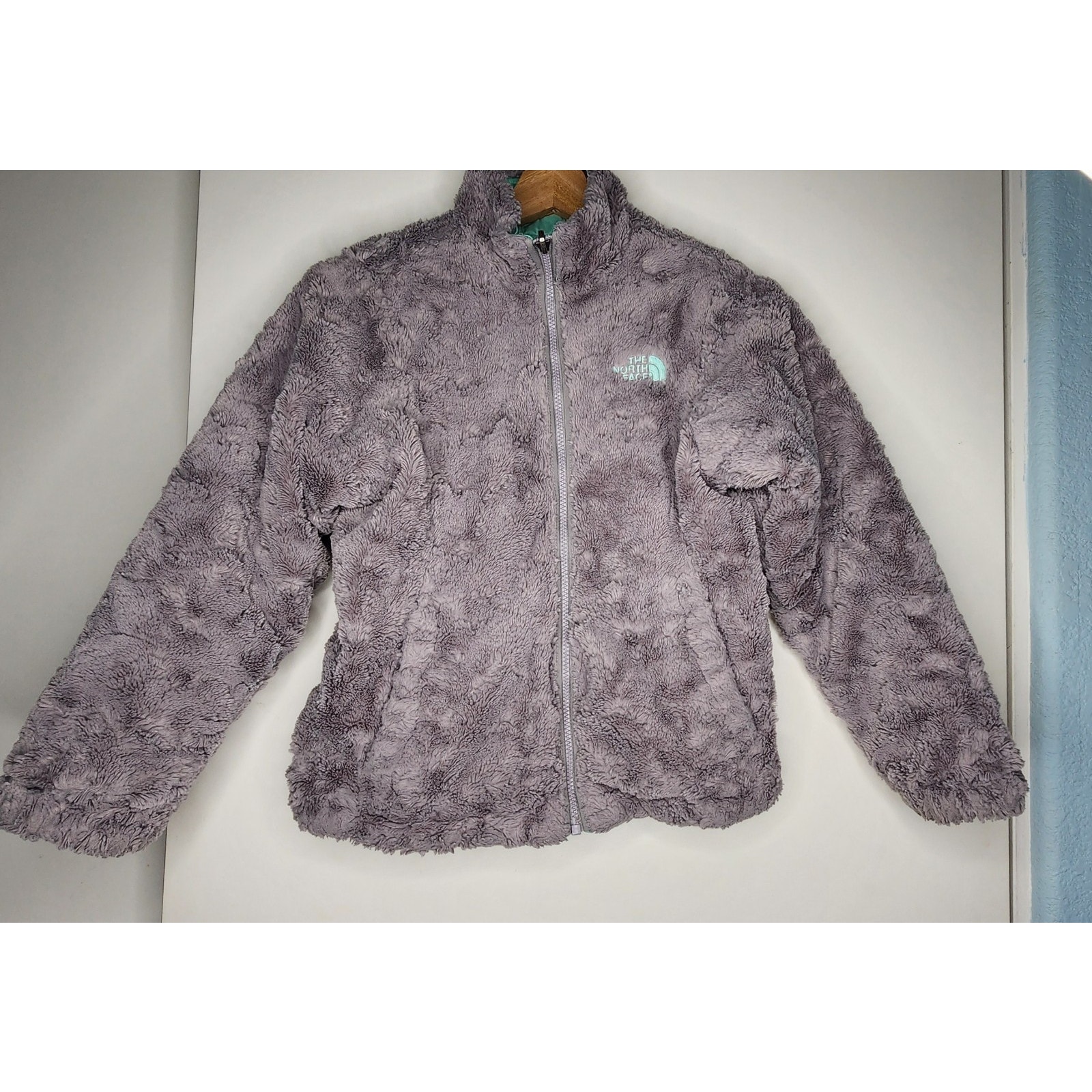 North Face Youth Jacket Girls M 10/12 Gray/Teal Reversible Fleece Quilted Flaws