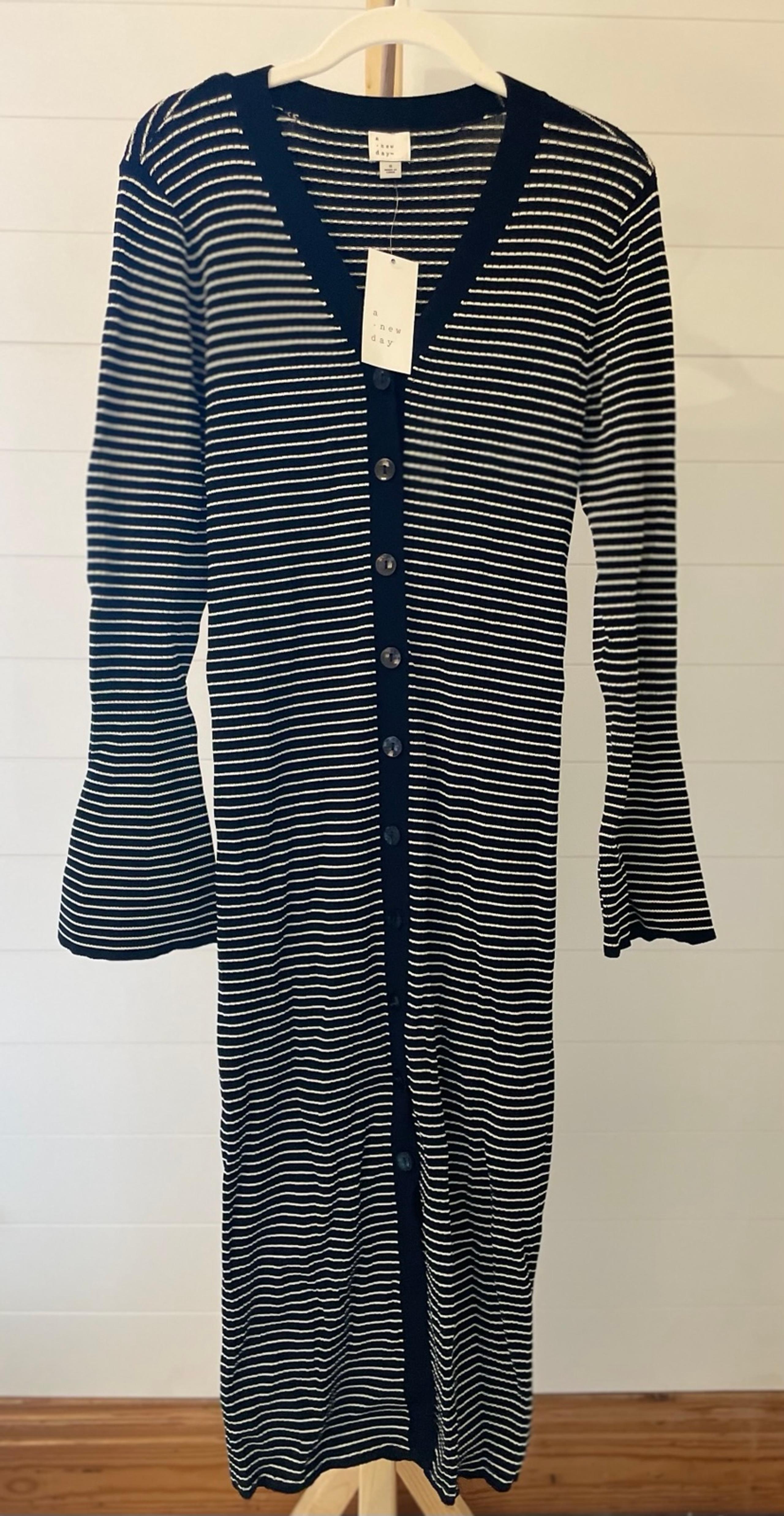 Women's Bell Long Sleeve Button Midi Sweater Dress - Black Striped NWT - a new day