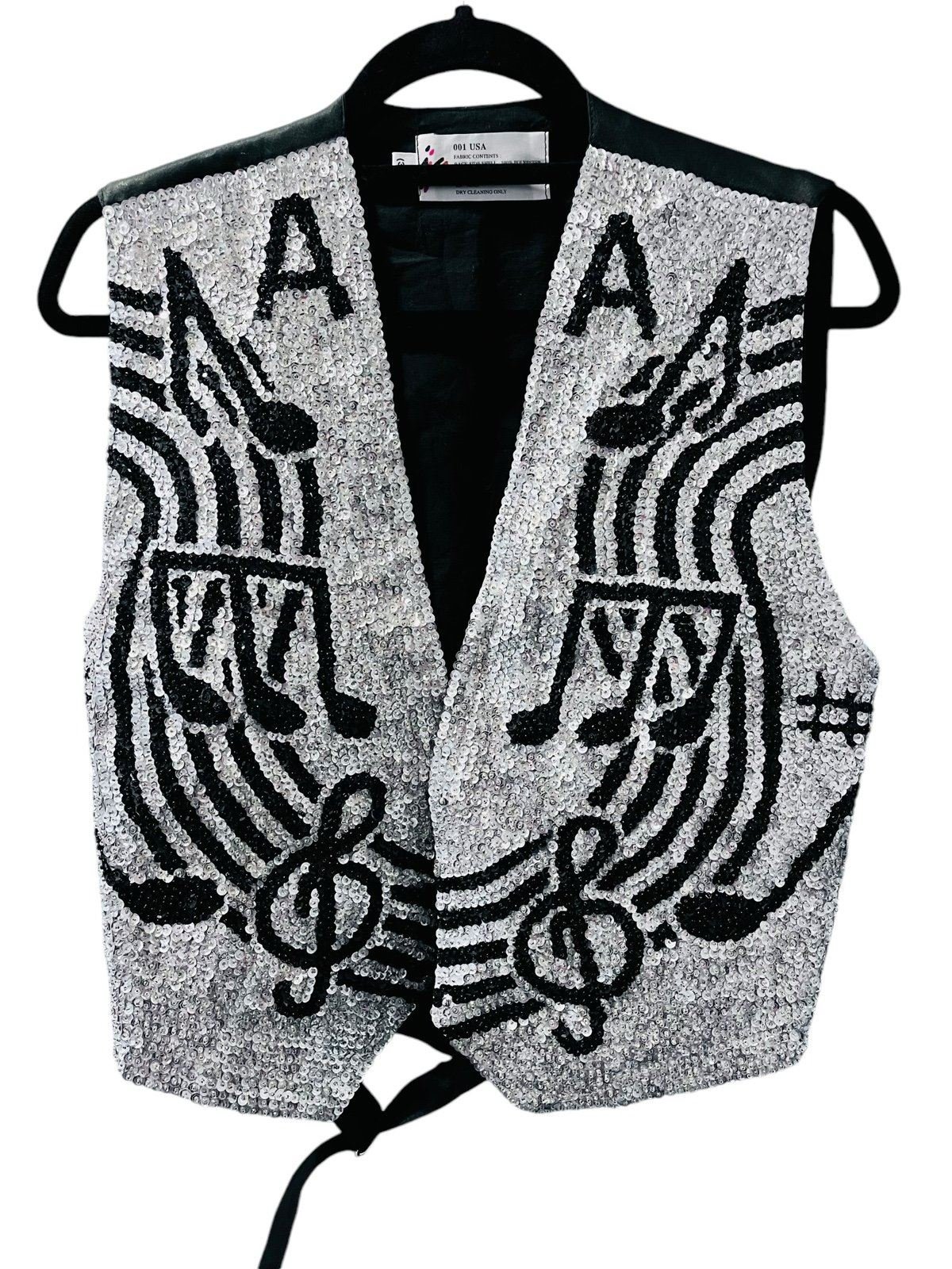 JC USA Vintage 80's Sequin Musical Notes Silver Black Vest Color Block Bling