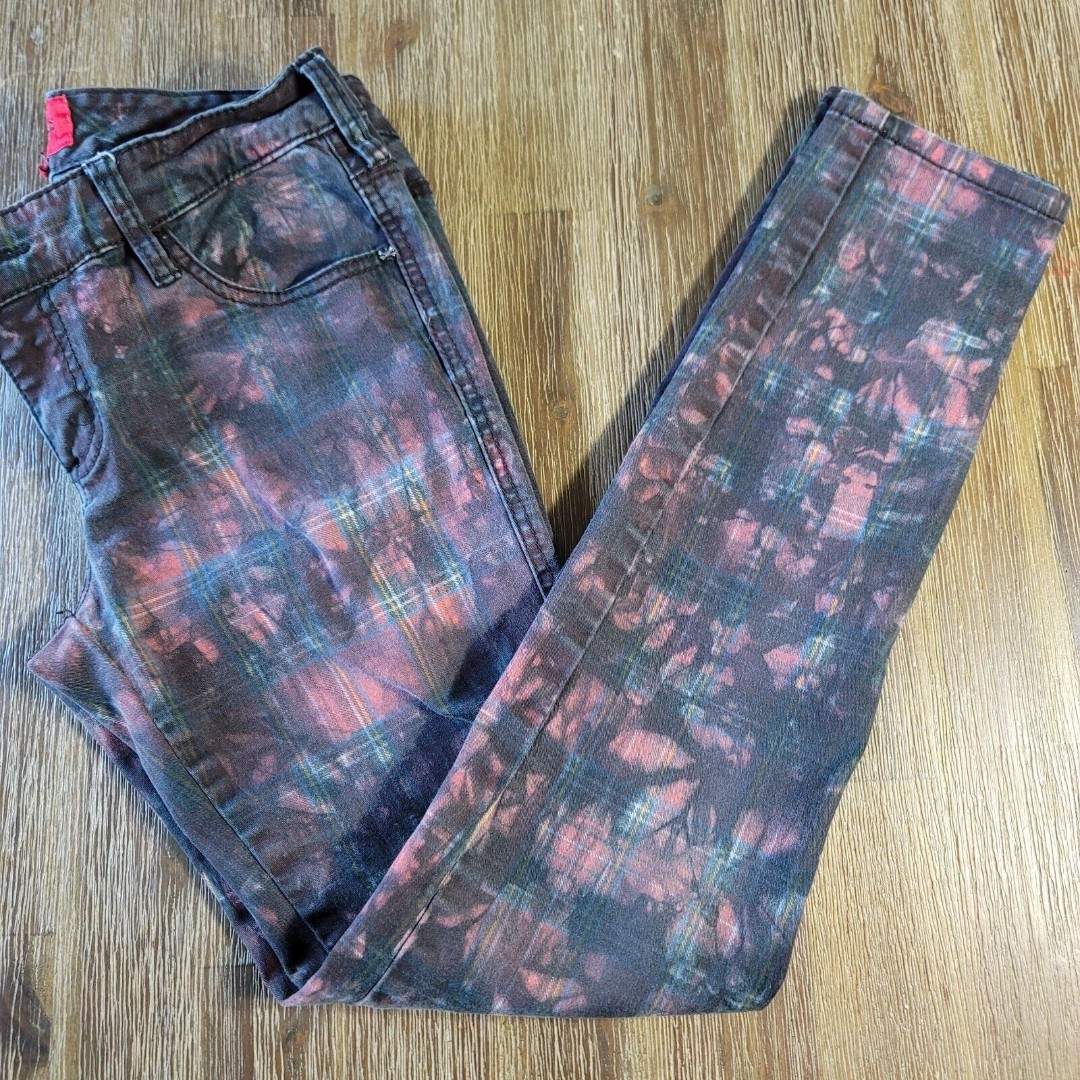 TRIPP NYC ROYAL BONES JEANS Womens Size 7 PLAID TIE DYE DENIM RARE