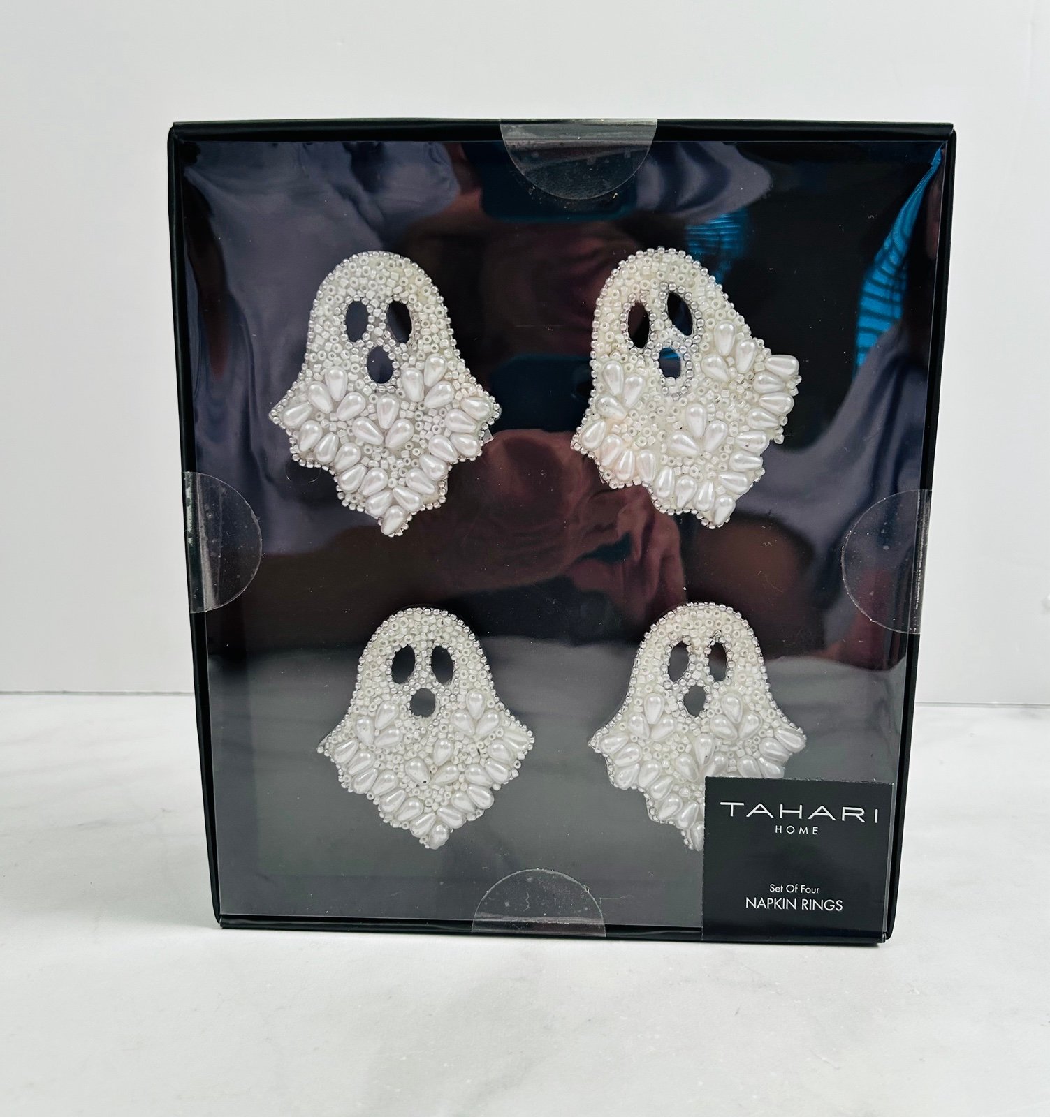 Tahari Halloween Ghosts Beaded Napkin Rings Set of 4 New