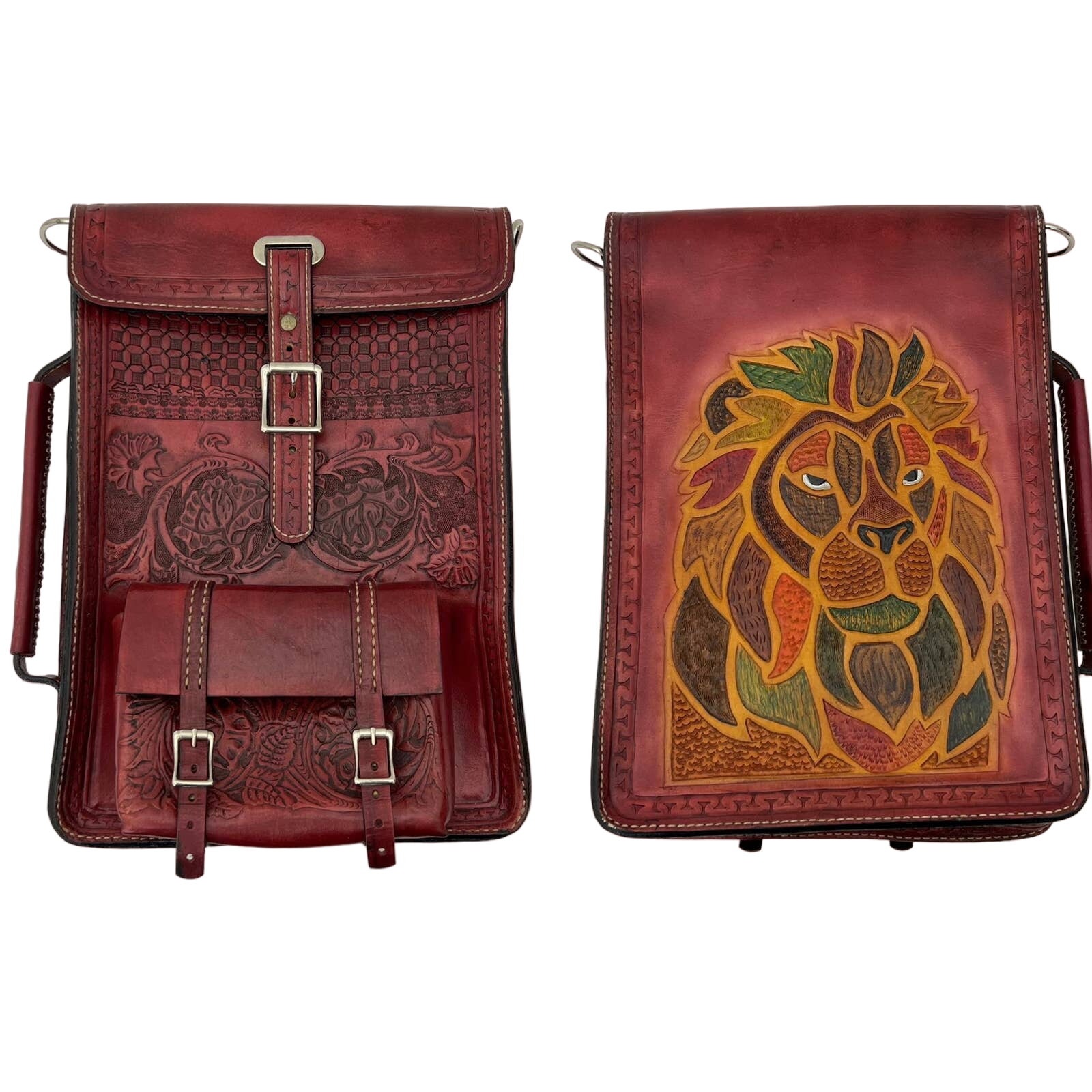 Hand Tooled Embossed Leather Bag Lion Head Artisan Art to Wear