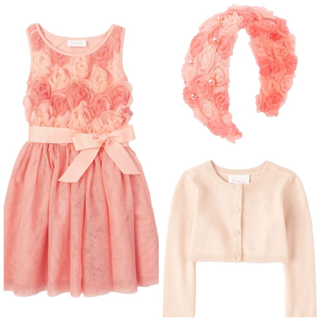 Girls Peach Roses Floral Formal Easter Dress, Cardigan, & Headband Set Size 5/6