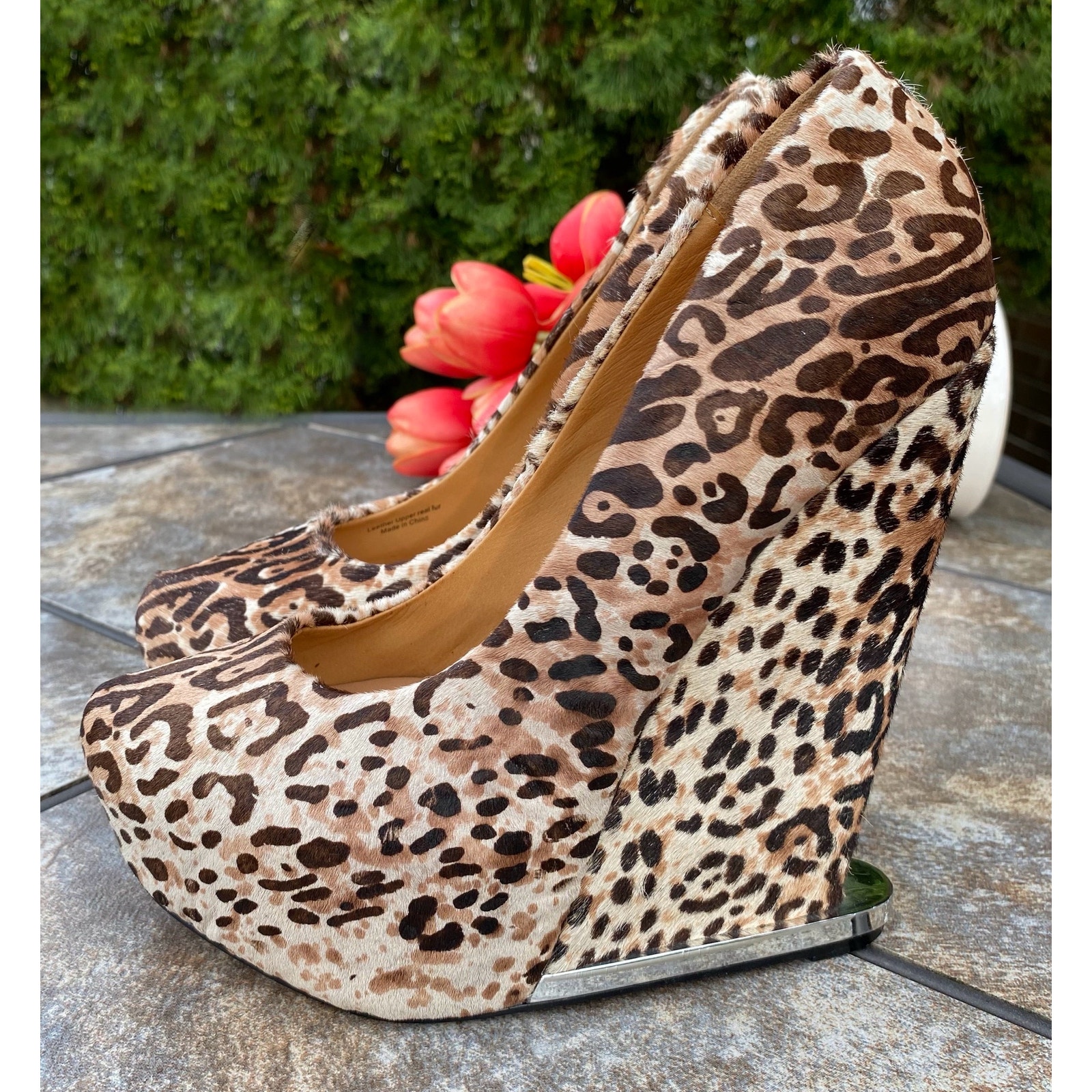 L.A.M.B Dorothee Leopard Print Calf Hair Platform Wedge High Heels 7.5 Animal