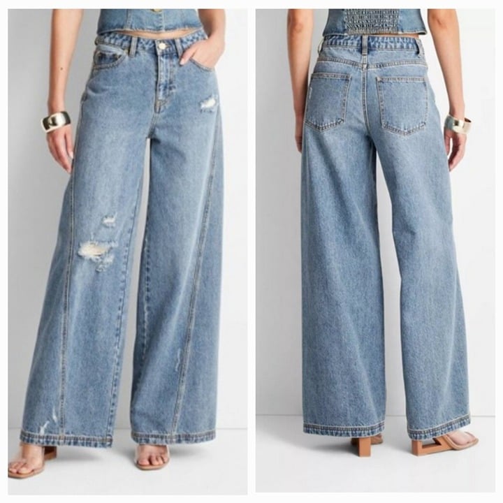 Jenee Naylor High-Rise Distressed Wide Leg Jeans 2 NWT Future Collective