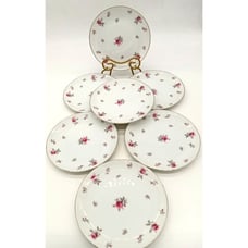 Vintage Meito Set Of 7:Rose Chintz 7.5 Salad Plates Silver Trim Cottage Core