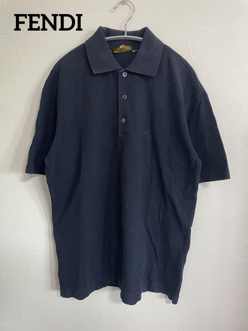 FENDI (フェンディ) Men's Short Sleeve Polo Shirt, Navy, Size L and LL