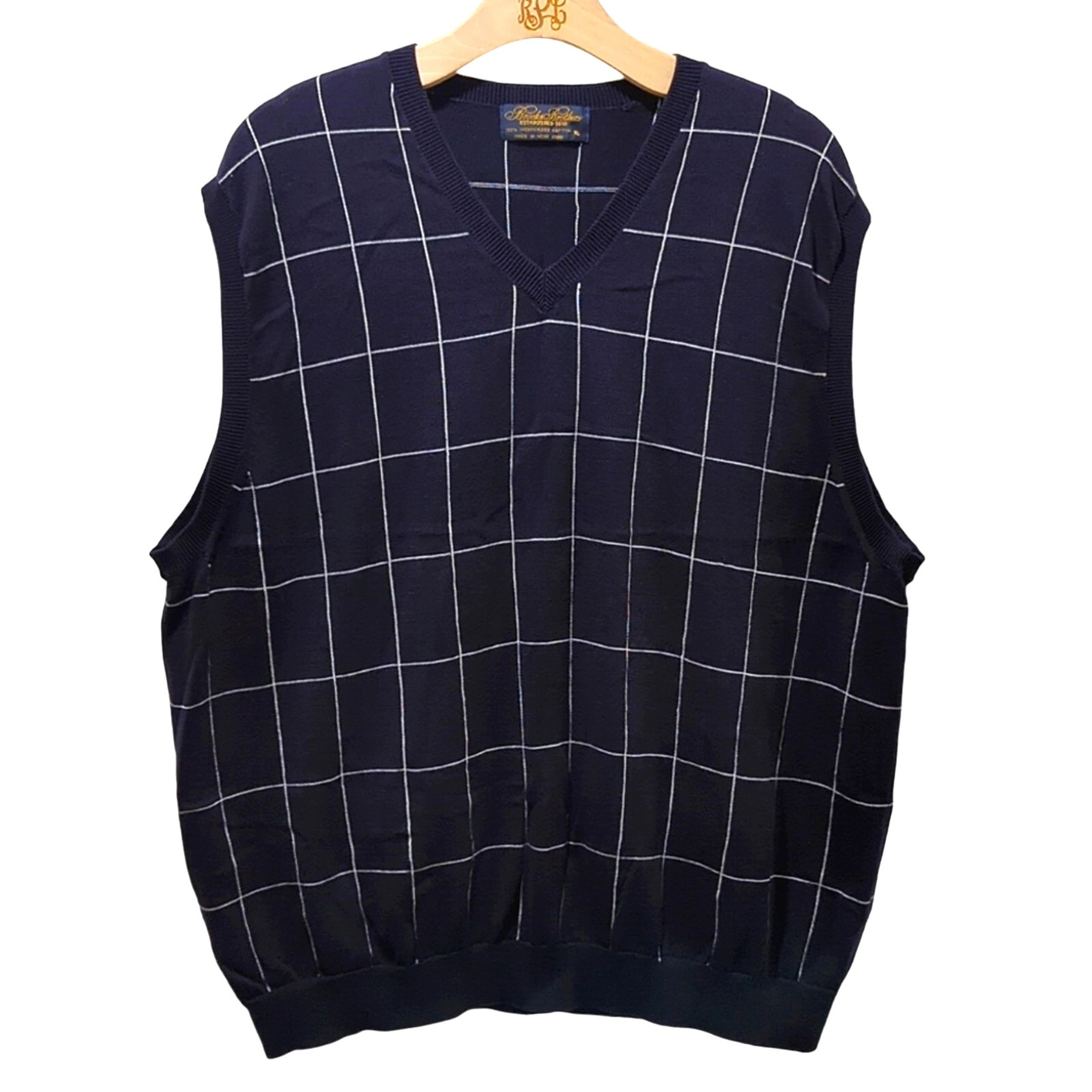 Brooks Brothers Mercerized Cotton Sweater Vest Men's XL Navy Blue Grid Pullover