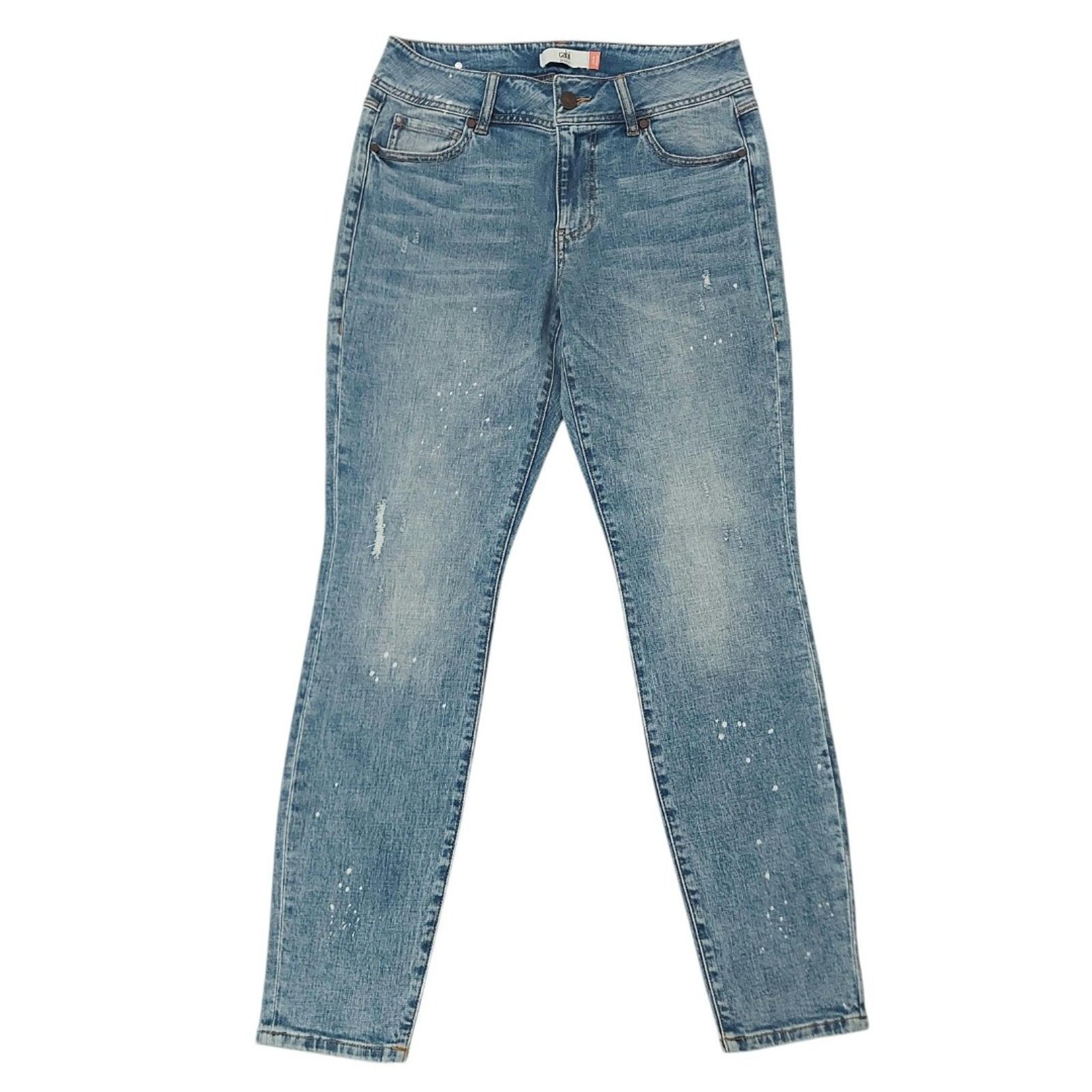 Jeans Womens 10 Blue Mid Rise Cinch Skinny Bleach Splatter Stretch Denim - CAbi