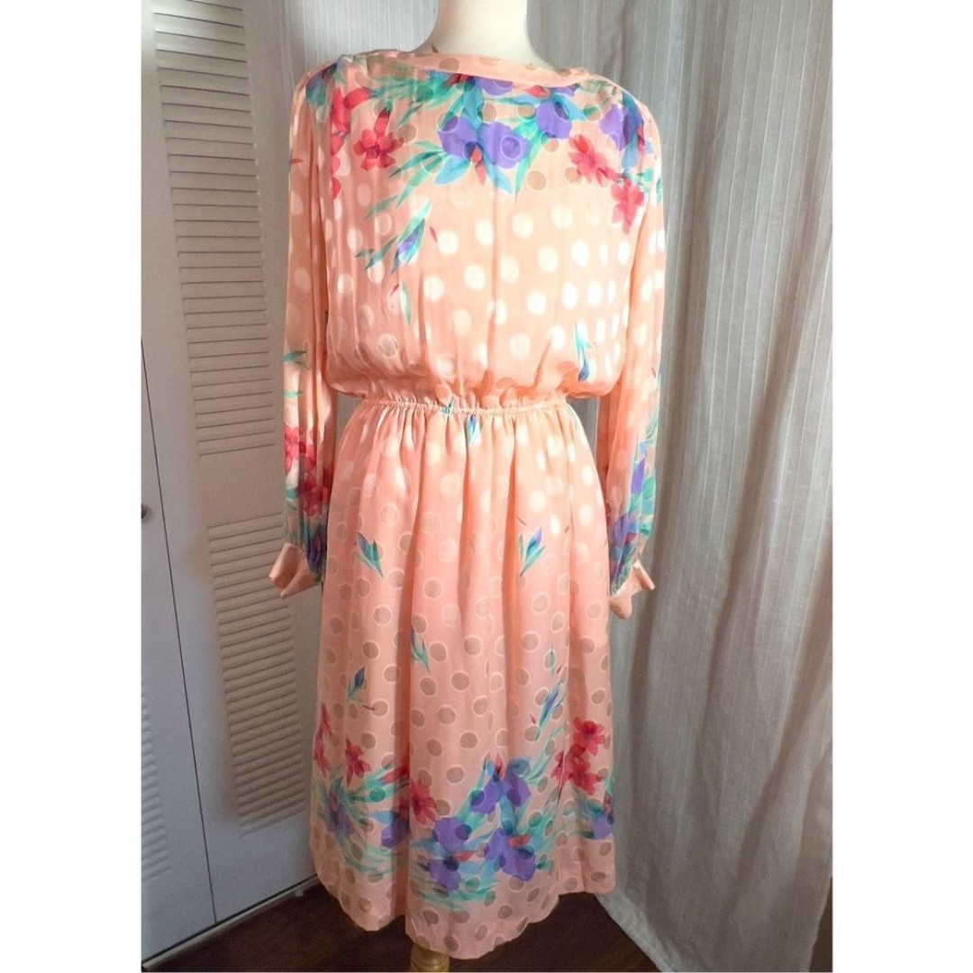 Anne Crimmins | Women’s | Dresses | L | Pink Coral Watercolor Polka Dot Midi Dre