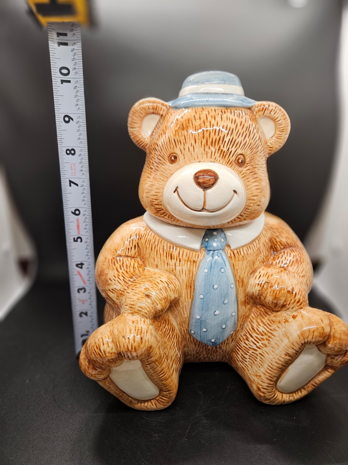 Tienshan Theodore Country Bear Cookie Jar 10 Vintage Brown & Blue Hat & Tie