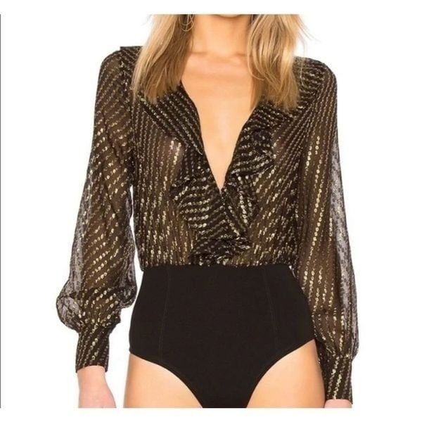 LPA x Revolve black metallic ruffle bodysuit xs
