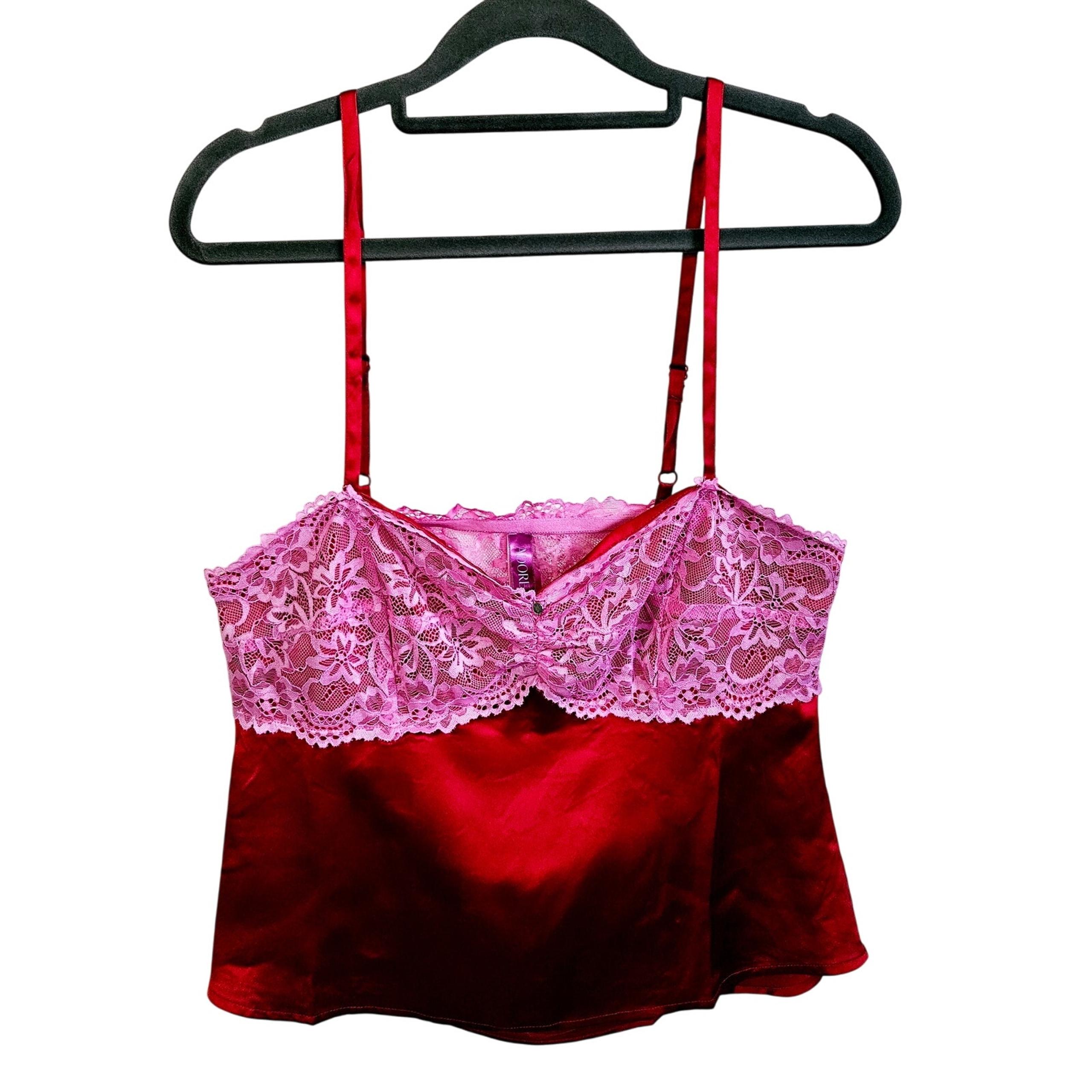 Adore Me Women's L Satin Pajama Set Red Pink Lace Cami & Shorts Romantic Sexy