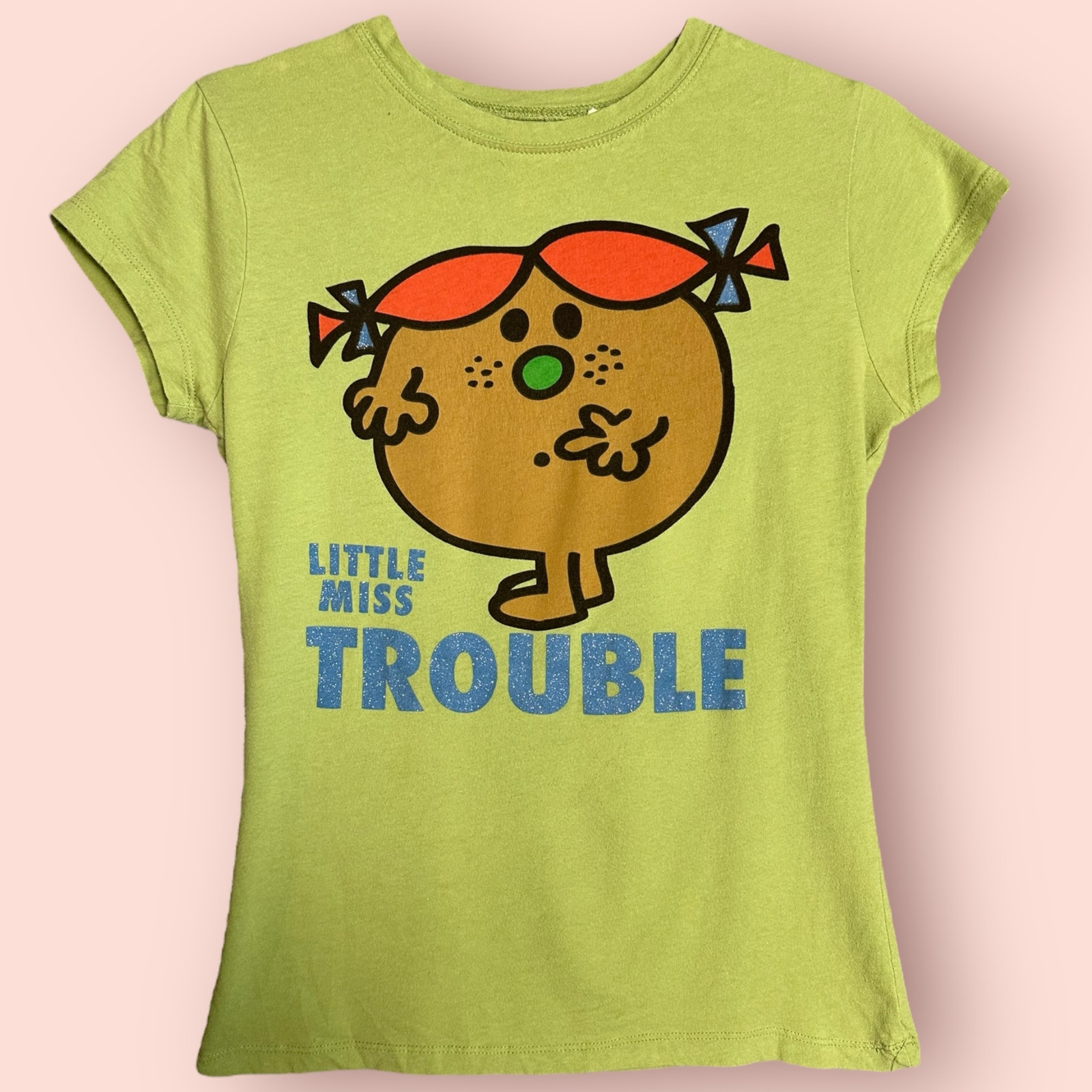 Vintage Y2K Mr. Men Little Miss Trouble Baby Tee Graphic T-Shirt Green Tight Fit