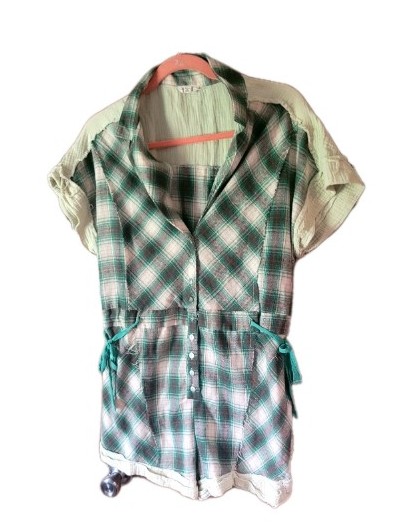 Anthropologie POL Womens Green Cream Checkered Button romper Sz M