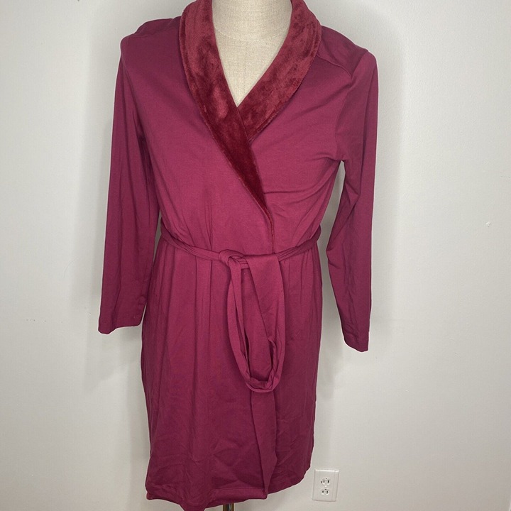 Soma Robe Womens S/M Maroon Velor Collar Short Long Sleeve Pocket Belt