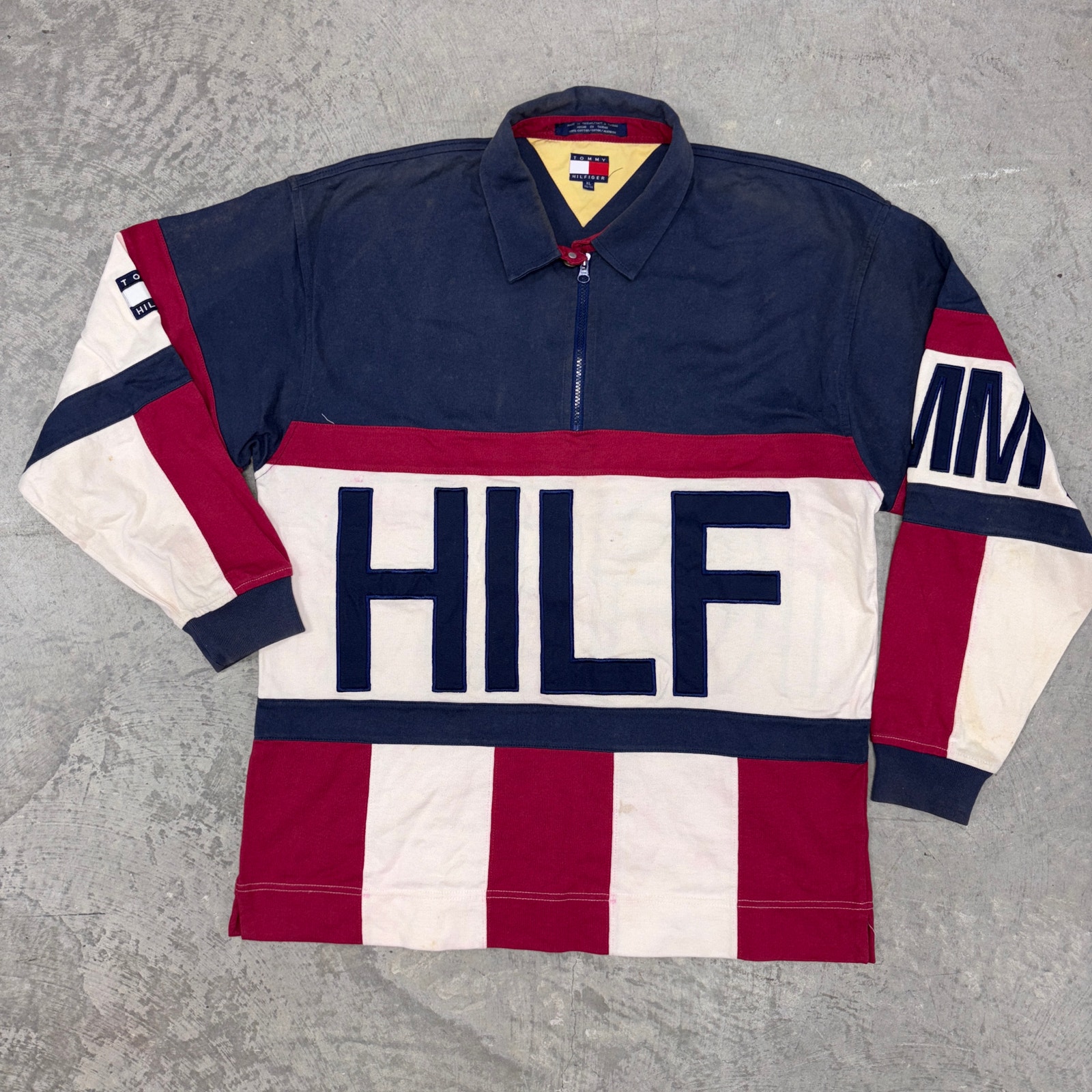 VINTAGE TOMMY HILFIGER SPELLOUT COLOR BLOCK RUGBY SHIRT TEE Snoop Dogg 90s