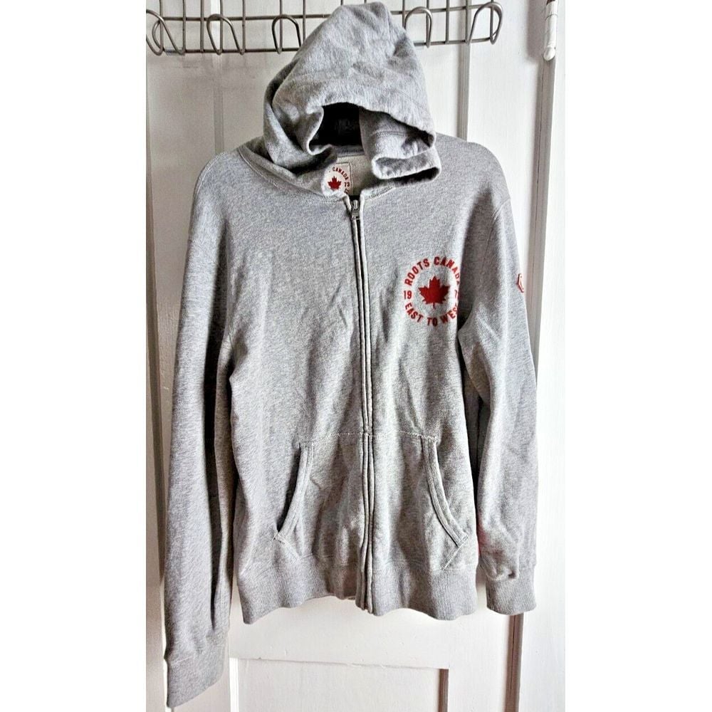 ROOTS CANADA full zip hoodie kangaroo pocketsgrey Men S/P Logo patched