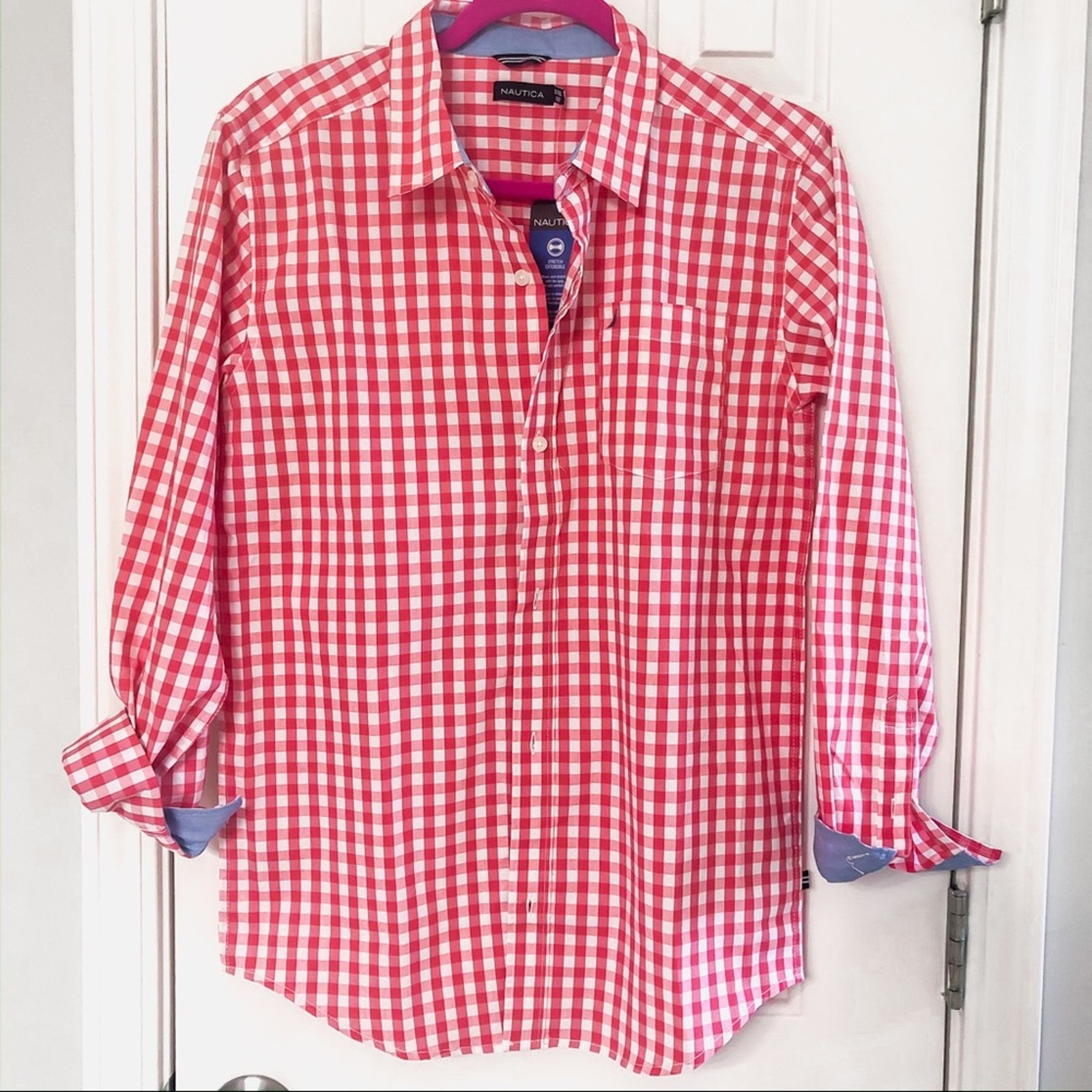 NAUTICA • Long Sleeve Coral Gingham Plaid Button Down Shirt
