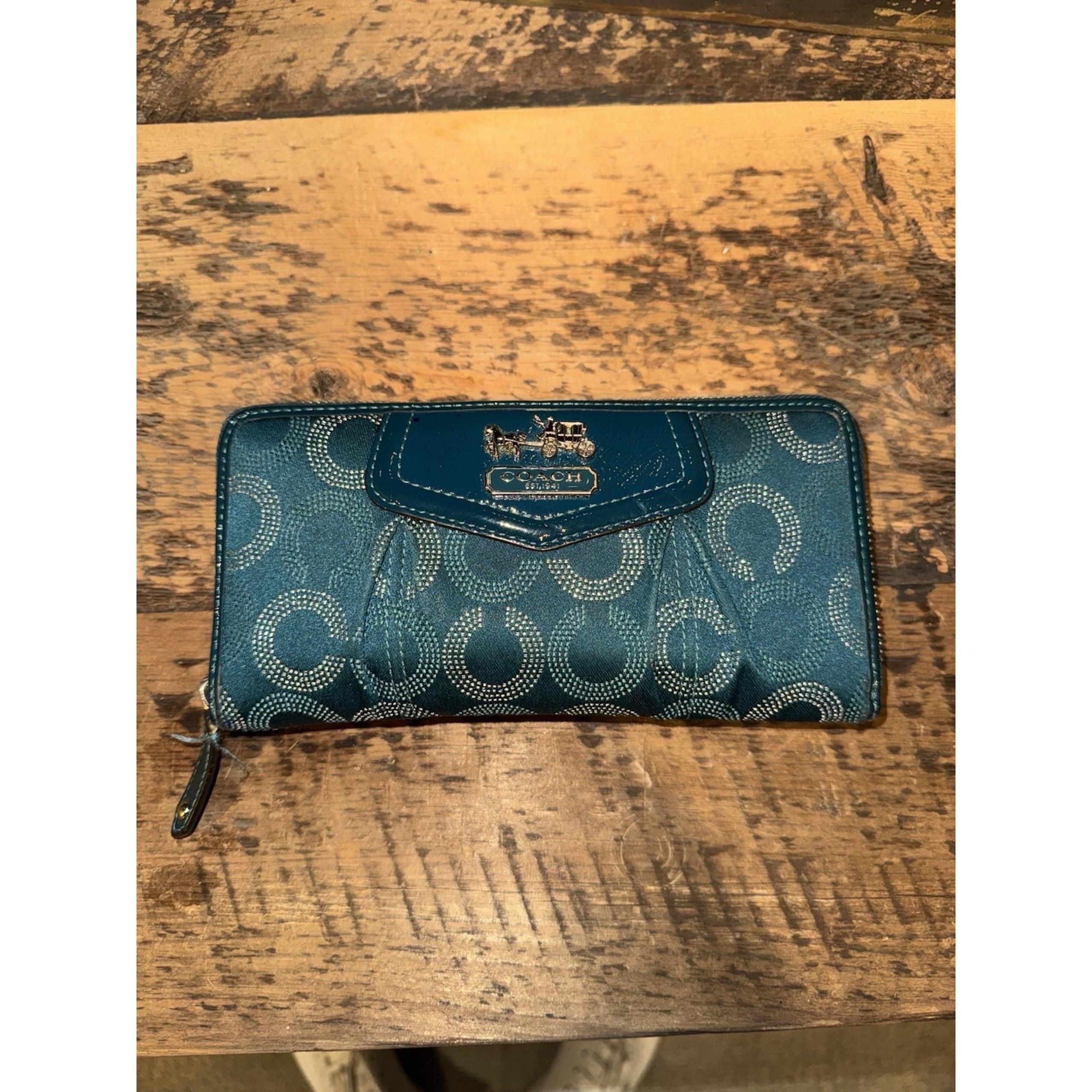 Vintage Coach OP ART ACC Zip Around Wallet Green Fabric Embossed Leather Rare