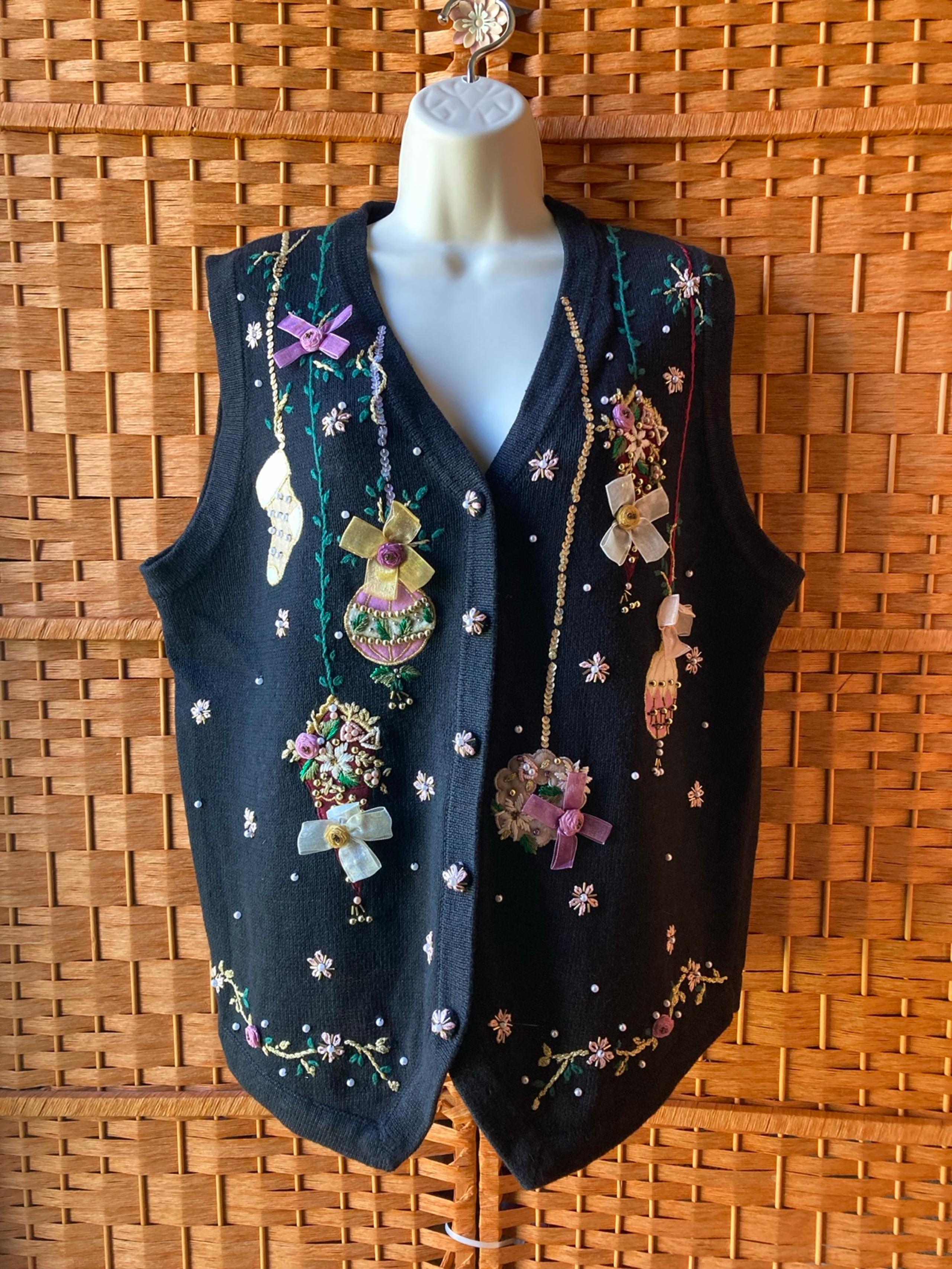 Victoria Jones Victorian Christmas sweater vest w/ embroidery, heads & ribbons.