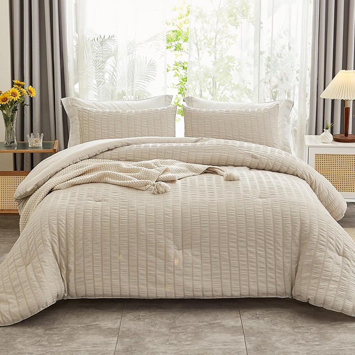 Beige Seersucker Queen Bedding Comforter Set, All Season -krrw7