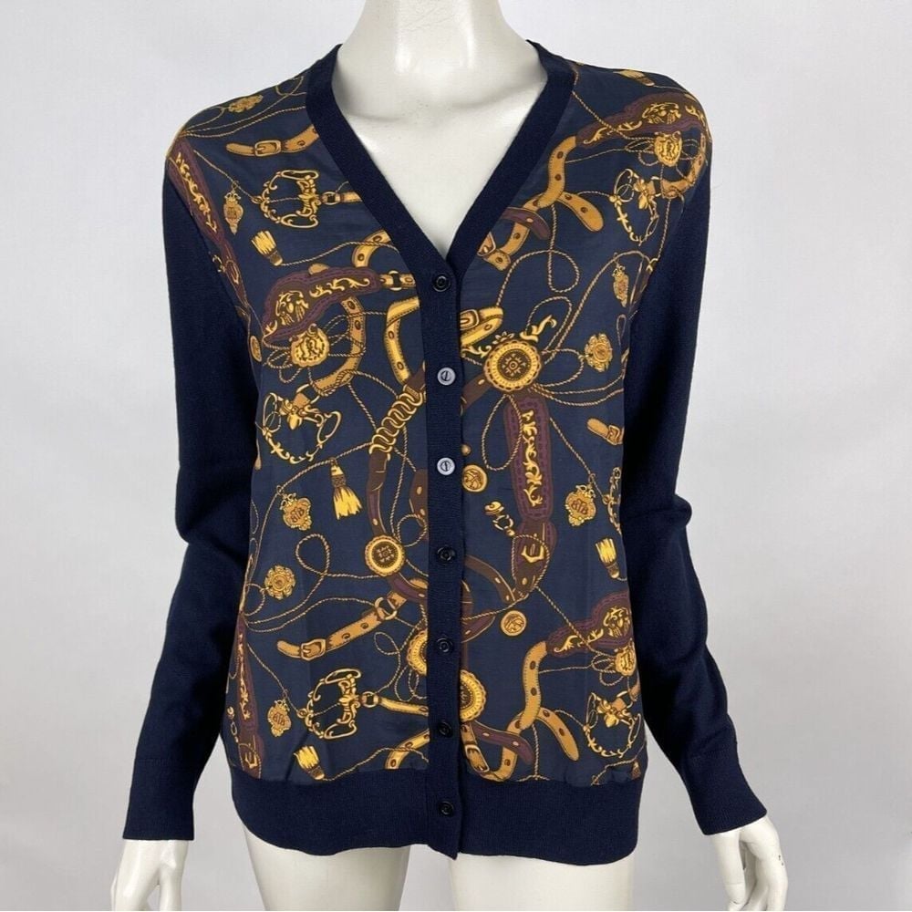 Brooks Brothers Equestrian Print Cardigan Women L EUC Wool Silk Button-upSweater
