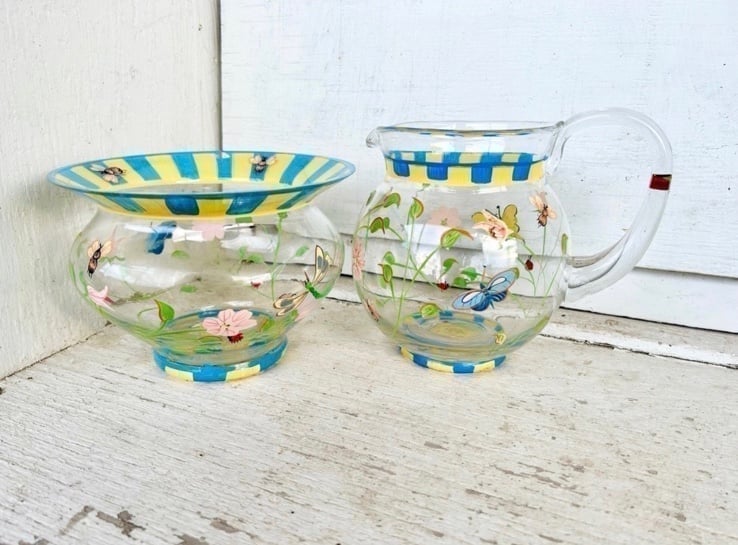 LENOX Butterfly Meadow Garden Painted Glass Crystal RARE Pitcher & Bowl/Vase VTG