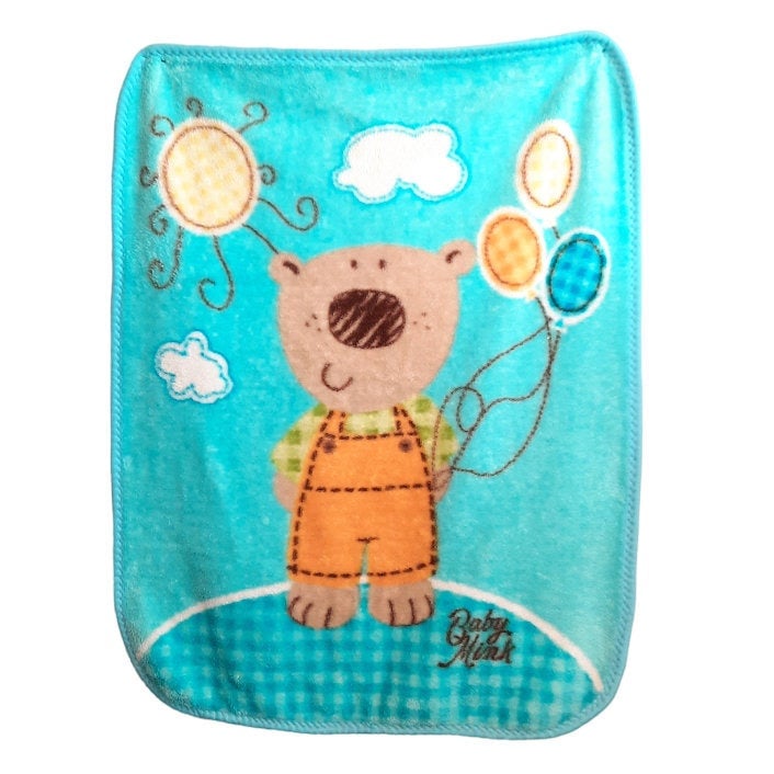 Vintage The World Of Baby Mink Bear Overalls Balloons Carry On Blanket 39 X 29