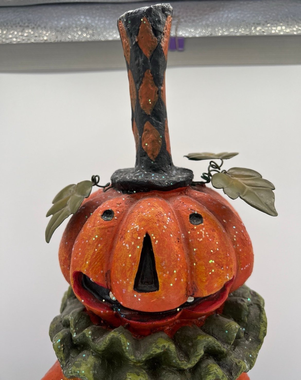Large Halloween Smiling Jack O' Lantern Pumpkin in Harlequin Top Hat Figure