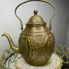 Beautiful Antique Brass Hammered Repousse Teapot