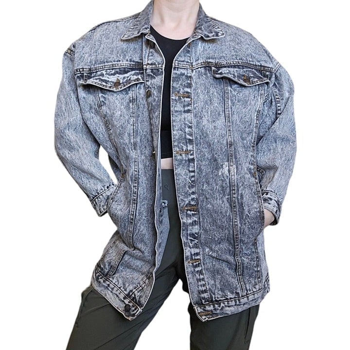 Retro 80s Denim Jean Jacket Mens Small Black Stone Acid Wash Streetwear Gray