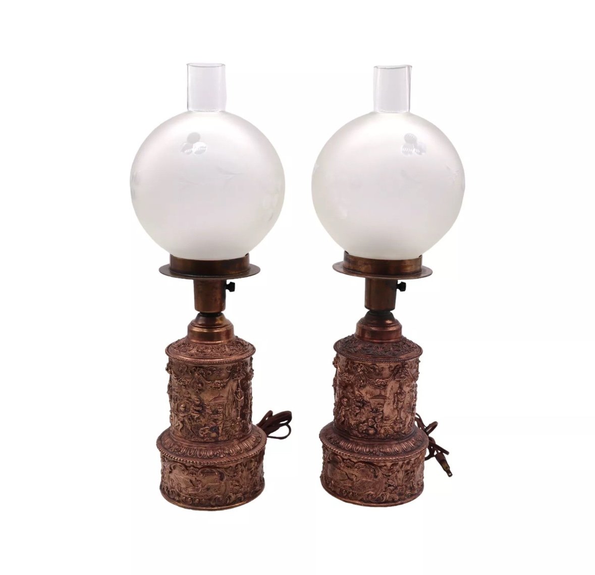 Pair of Antique Bronze Figural Repousse Electrified Hurricane Lamps