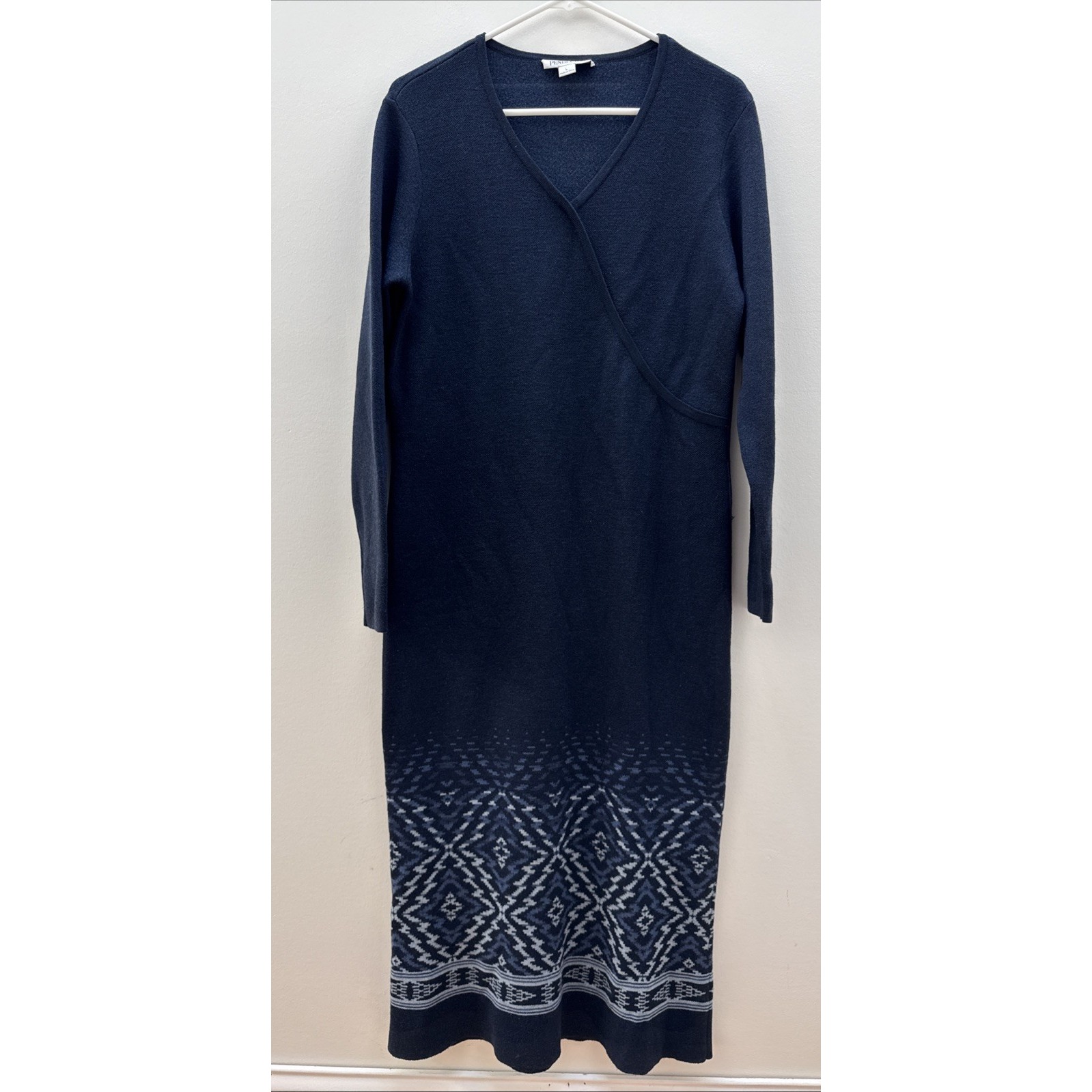 PENDLETON Women Long Sweater Dress 100% Merino Wool Size L Navy Blue ,No Belt