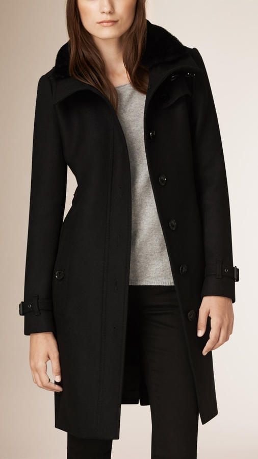 Burberry Black wool blend single breast trench with shearing collar
