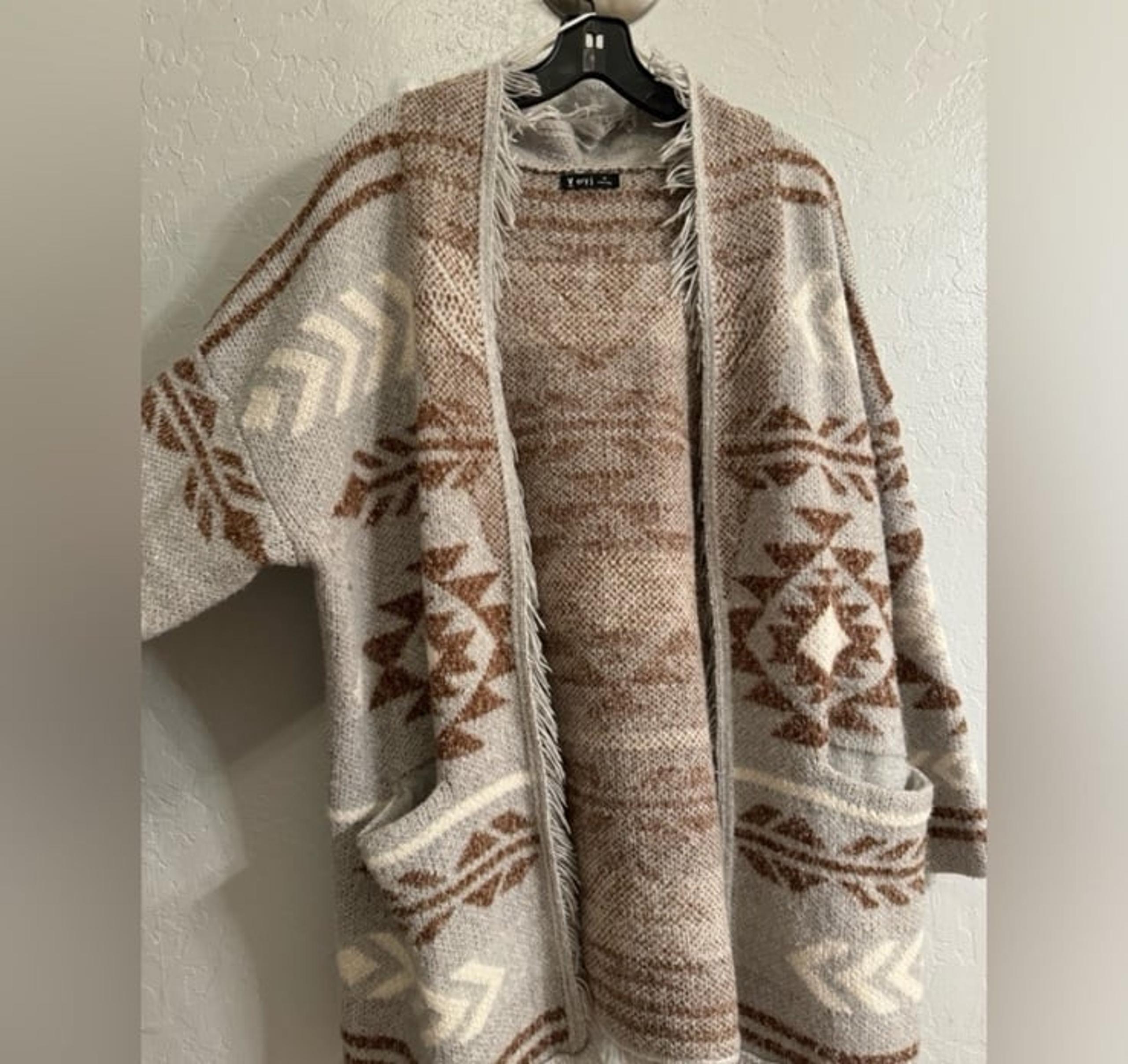 Very J Grey & Brown Aztec Western Fringe Cardigan