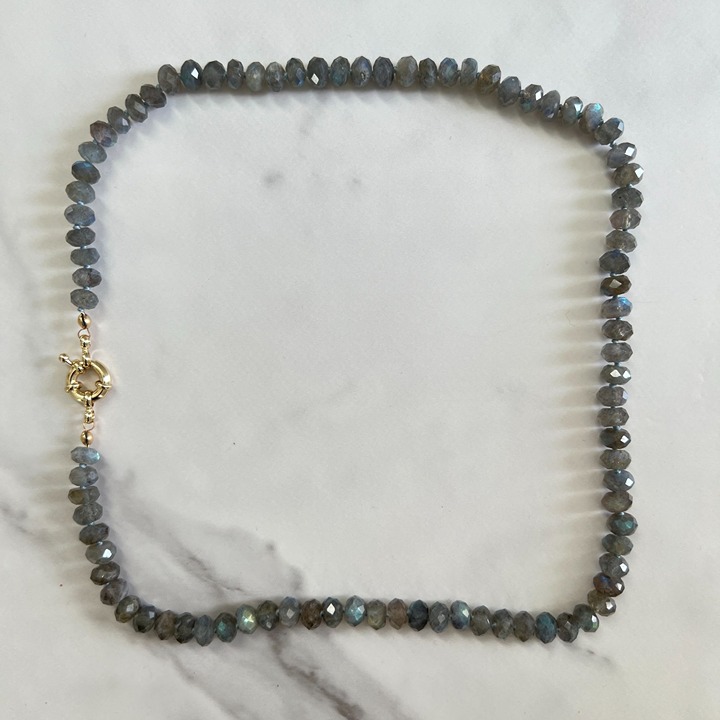 Genuine Labradorite Gemstone Bead Silk Knot Necklace Gold Filled Clasp